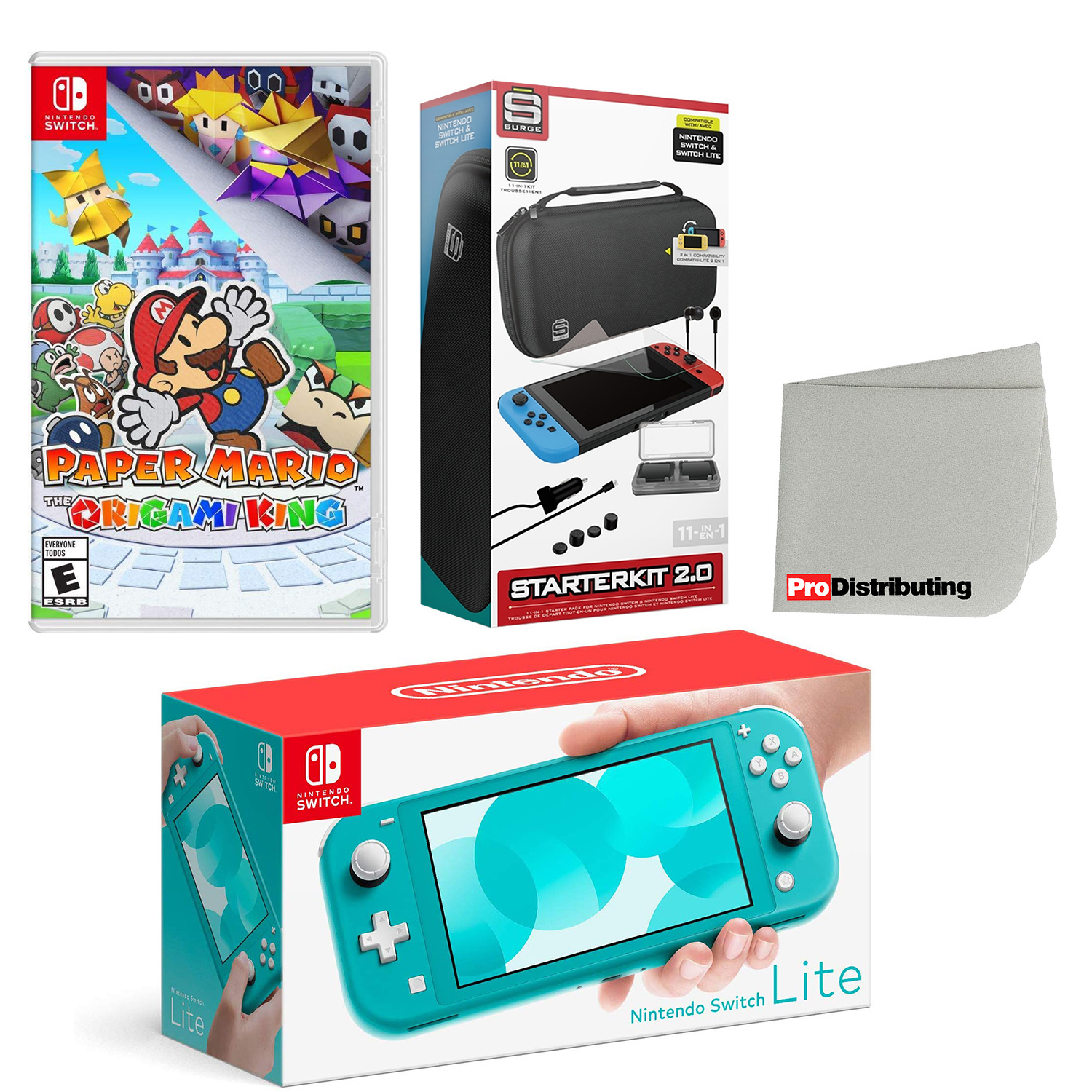 Nintendo Switch Lite Console Turquoise with Paper Mario: The Origami King, Accessory Starter Kit and Screen Cleaning Cloth Bundle - Import with US Plug