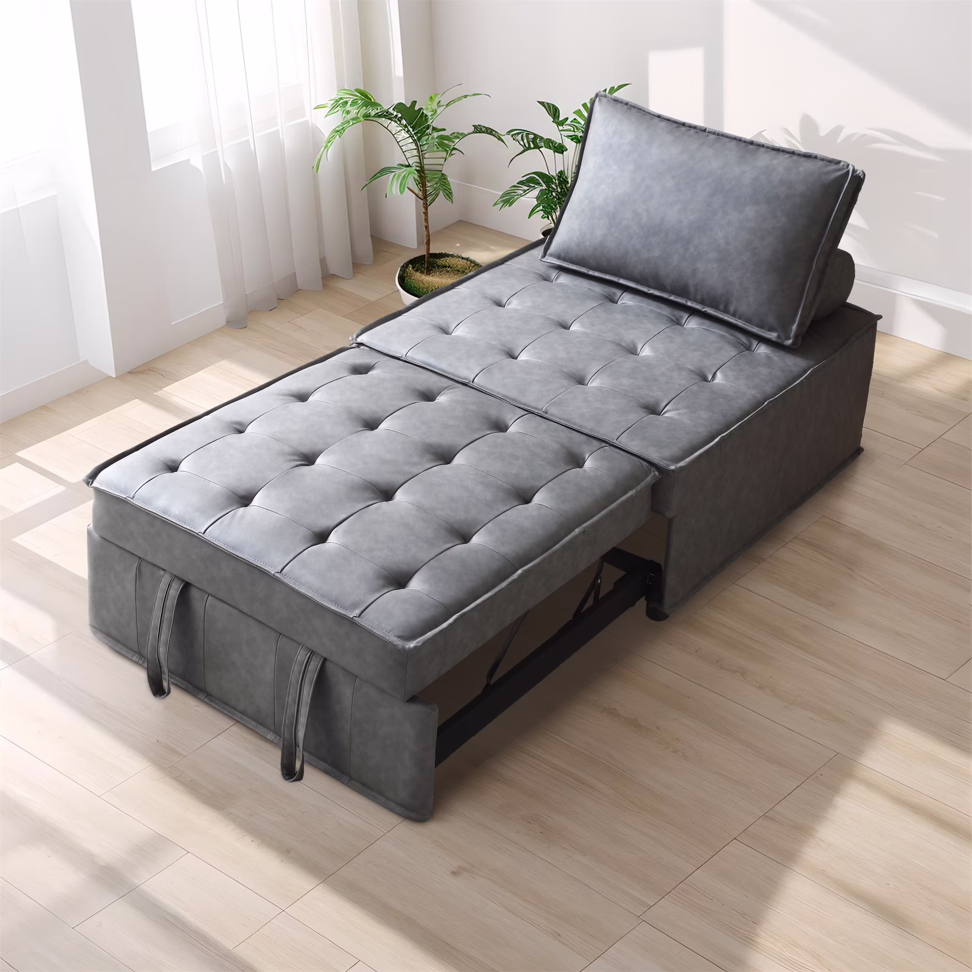 Gexpusm Pull Out Lazy Ottoman Sofa Bed with Removable Backrest, Small Faux Leather Convertible Sleeper Sofa for Living Room Apartment, Dark Grey