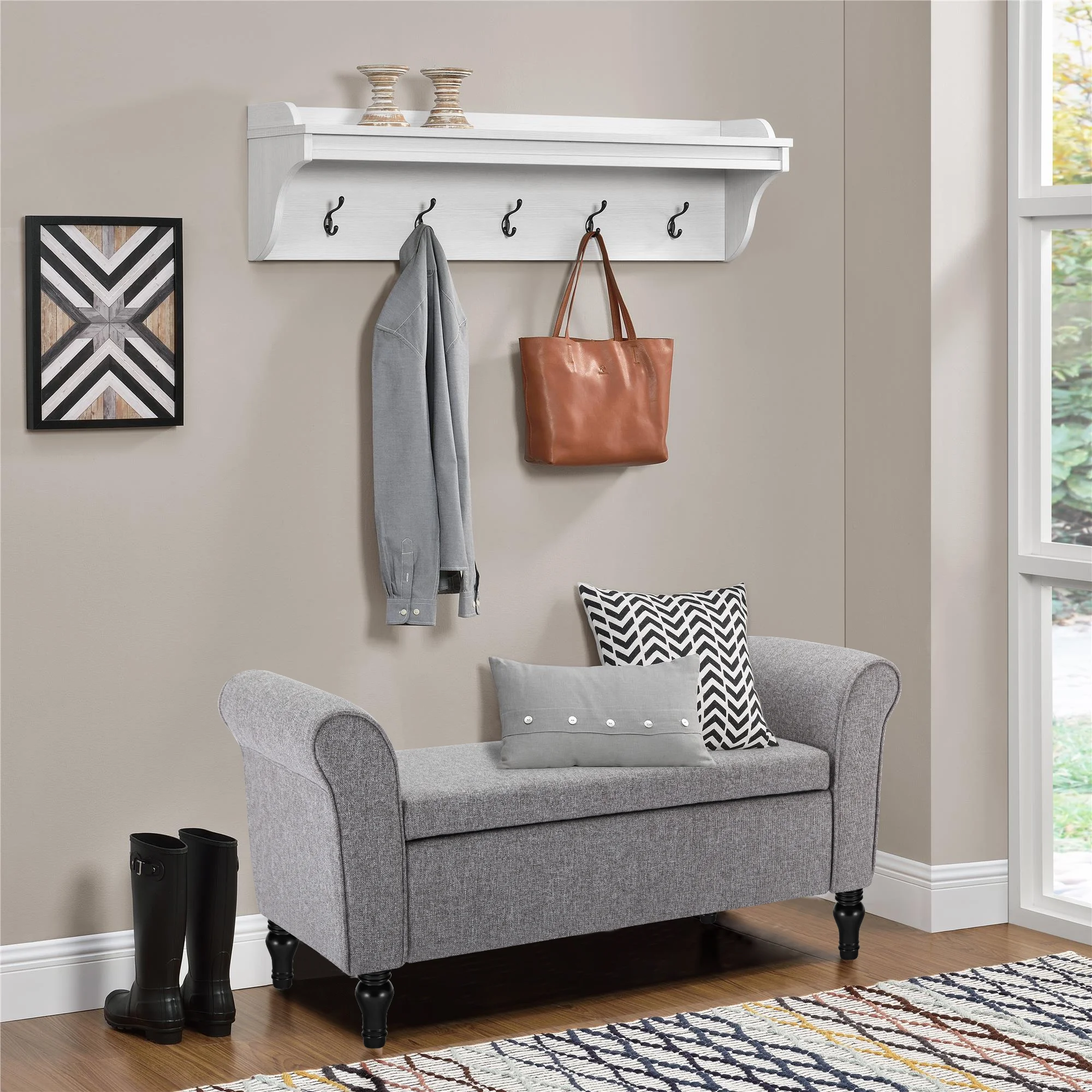 Foredo Storage Ottoman Bench with Arms, Fabric Upholstered Storage Bench for Entryway, Modern End of Bed Bench for Bedroom, Gray