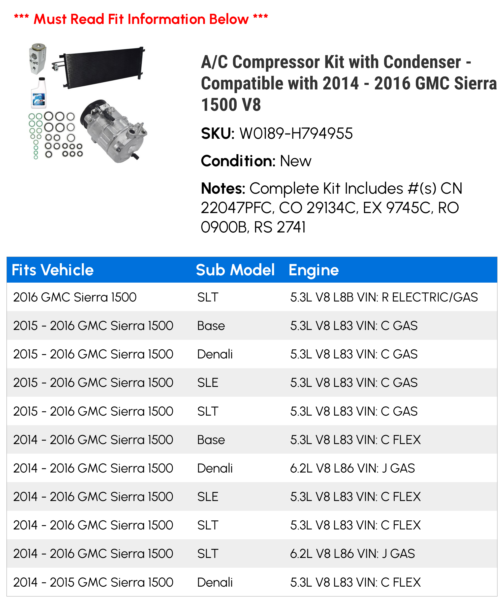 A/C Compressor Kit with Condenser - Compatible with 2014 - 2016 GMC Sierra 1500 V8 2015