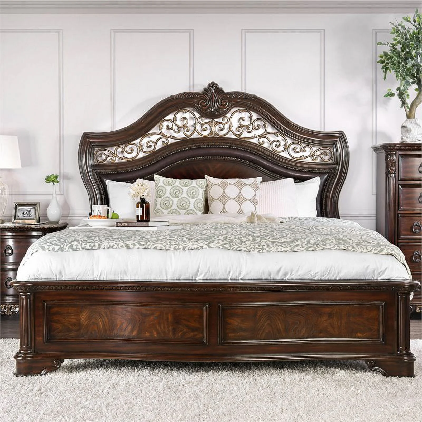 Furniture of America Jordan Wood Queen Panel Bed in Brown Cherry