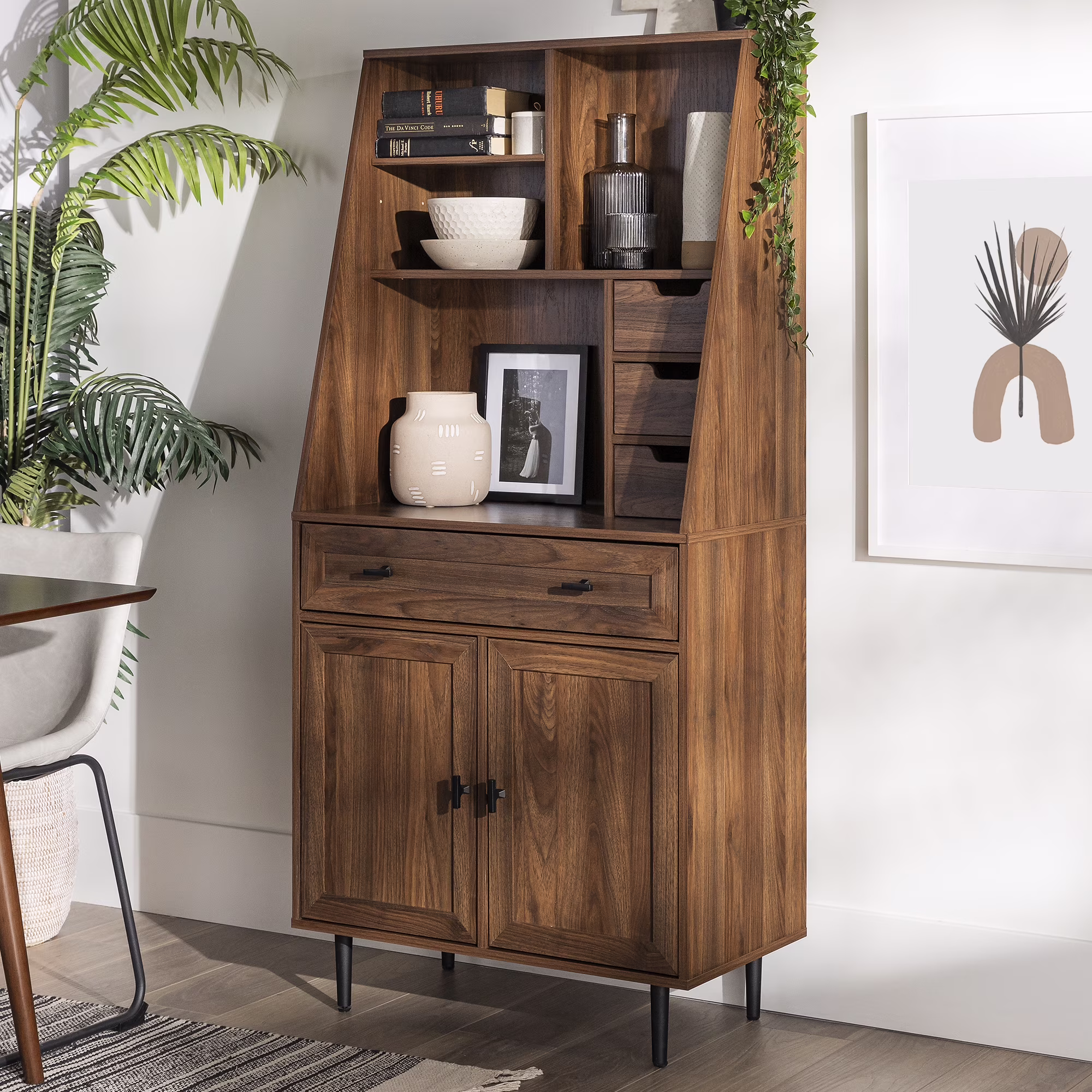 Walker Edison Bromberg Storage Desk with Hutch, Dark Walnut