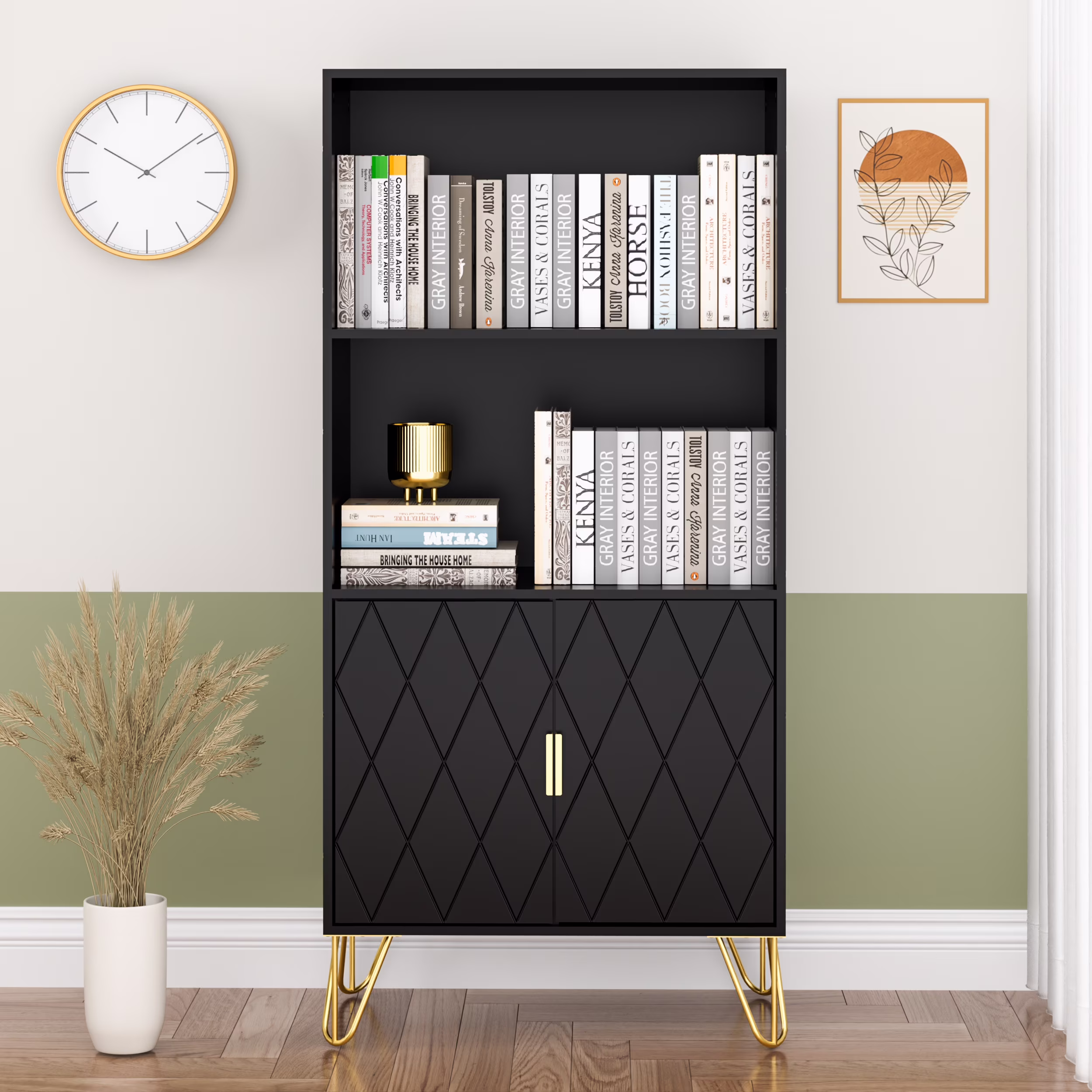 Eclife Bookshelves and Bookcases with Doors, 3 Shelves Display Storage 50 inch Tall Library Home Decor Furniture for Home Office, Living Room, Black