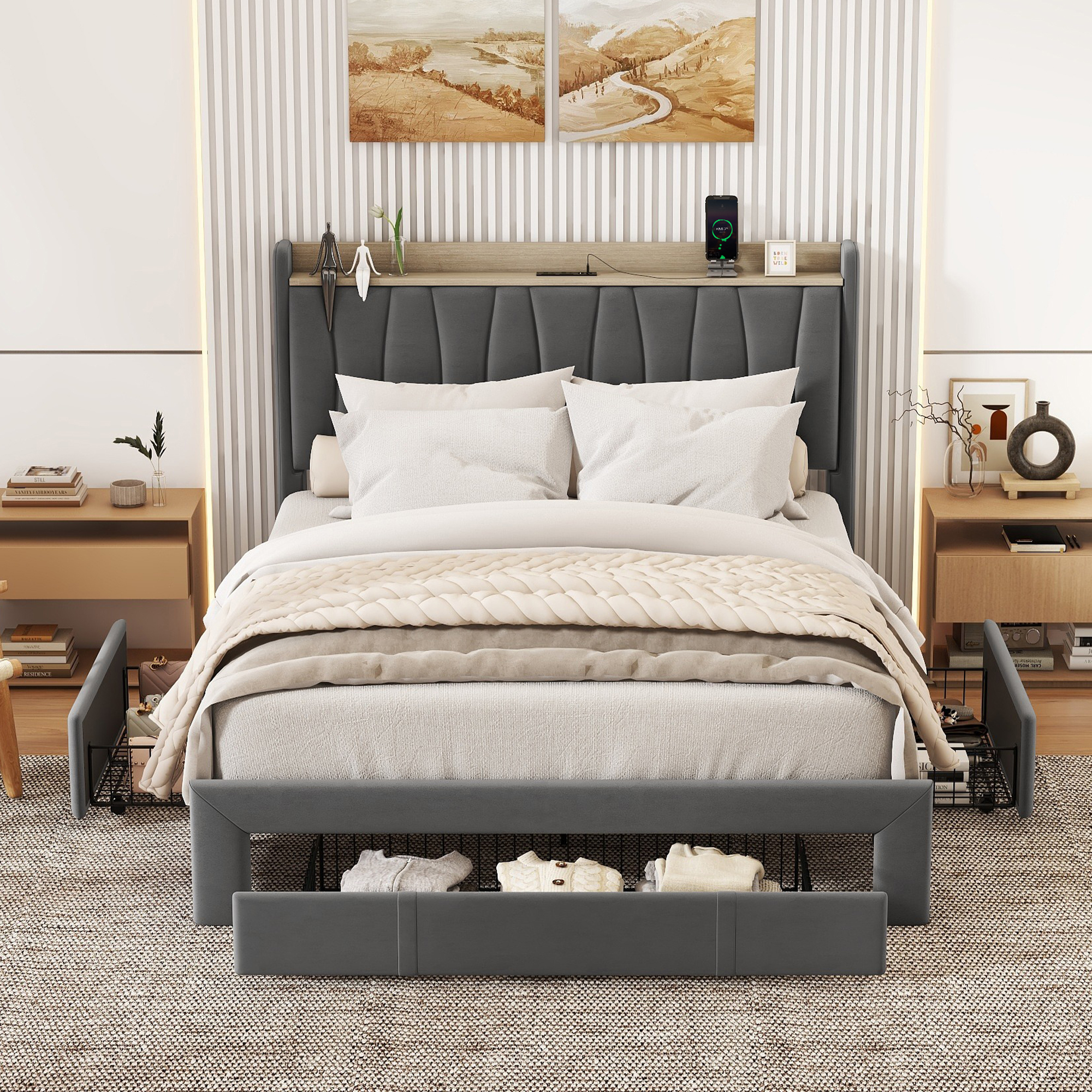 ONME Queen Size Bed Frame with Storage Headboard and Charging Station, Upholstered Platform Bed with 3 Drawers, No Box Spring Needed, Dark Gray