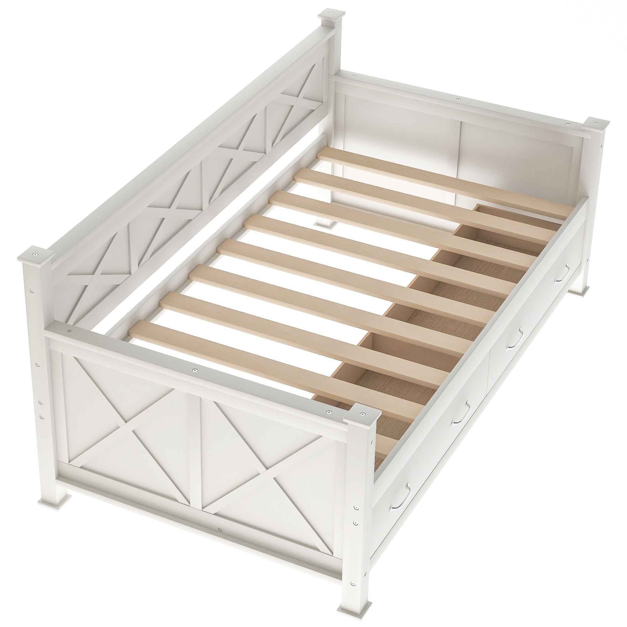 Solid Wood Twin Daybed with 2 Large Drawers, Rustic Design Cream White