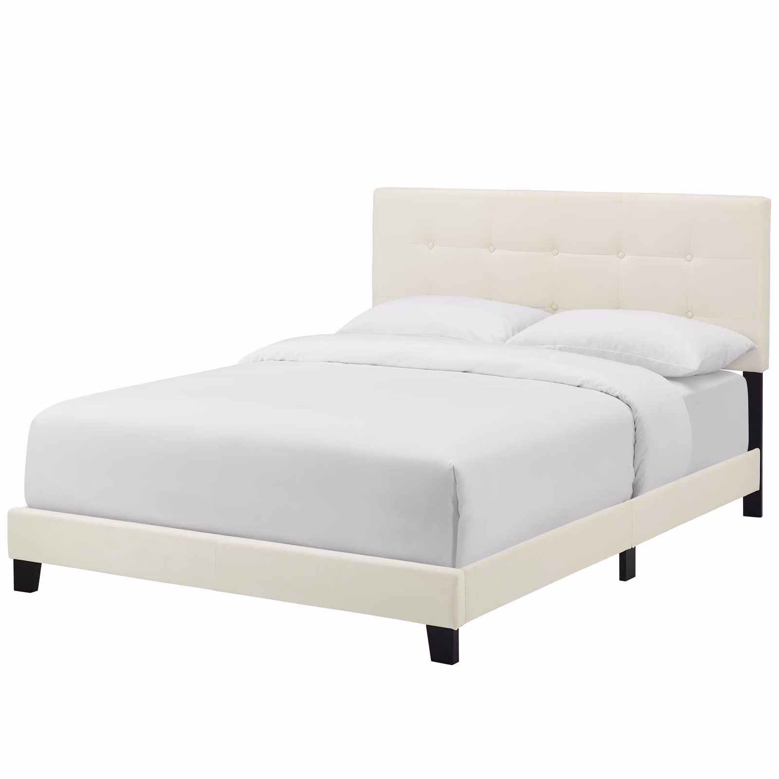 Modern Contemporary Urban Design Bedroom Full Size Platform Bed Frame, Velvet Fabric, Ivory White
