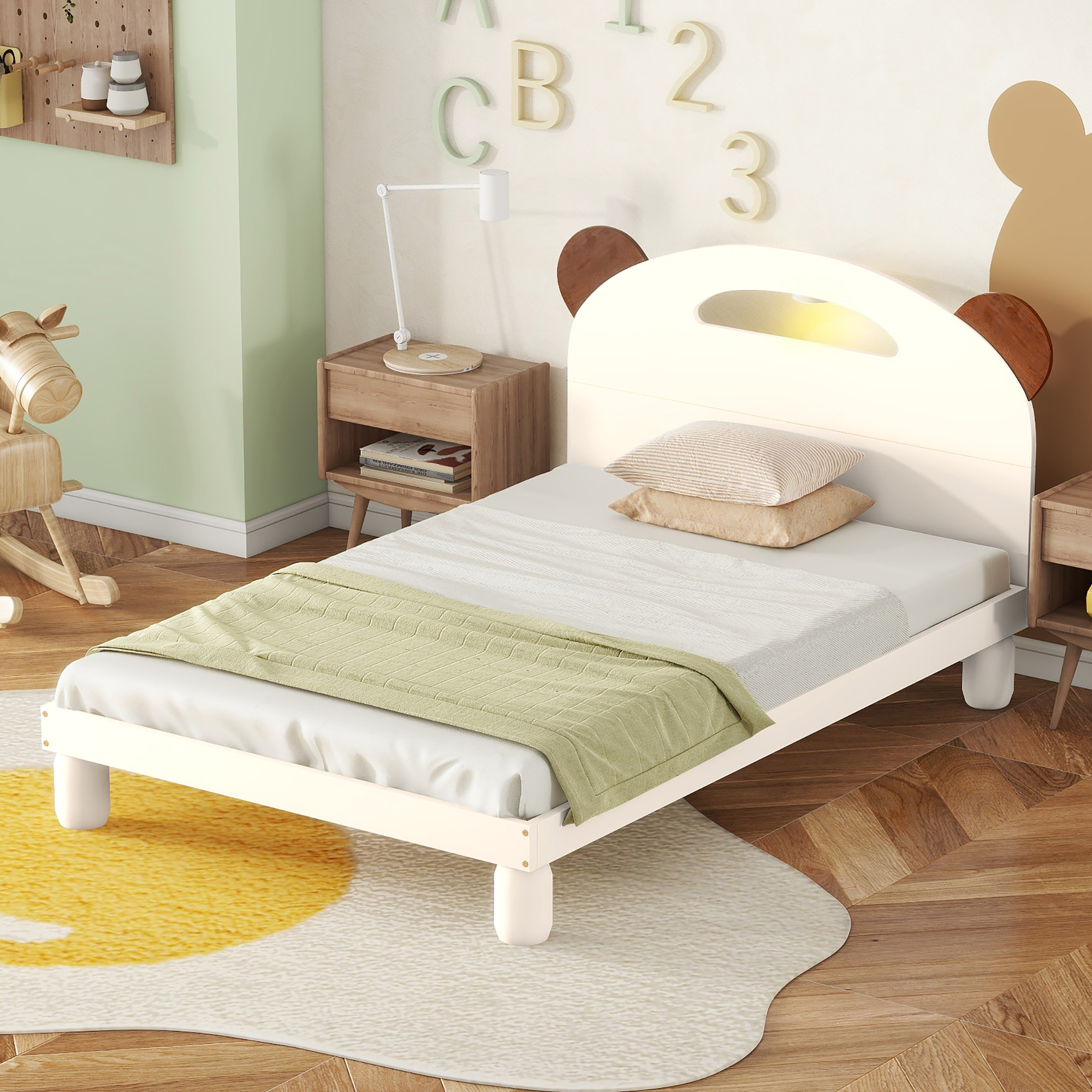 Euroco Wood Twin Size Platform Bed with Night Lamp for Kids Bedroom, Cream White