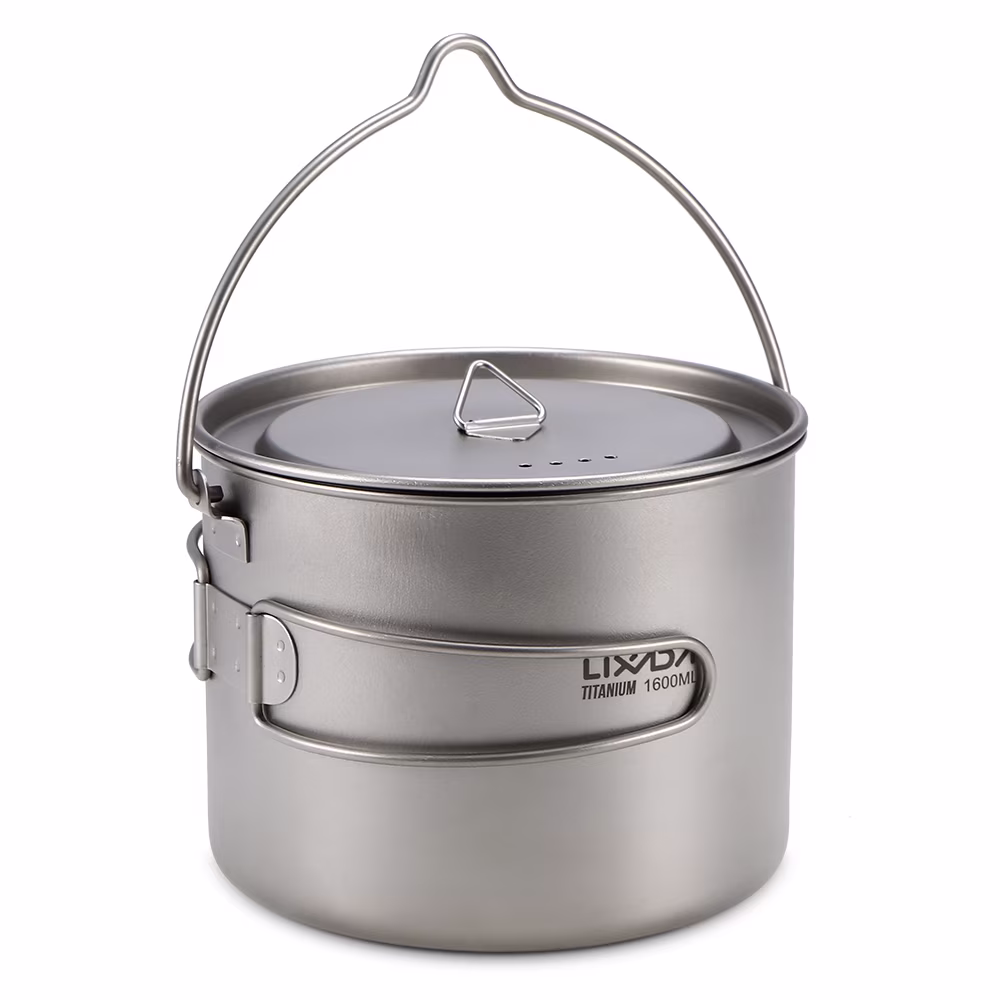Lixada 1600ml Titanium Pot Ultralight Portable Hanging Pot with Lid and Foldable Handle Outdoor Camping Hiking Backpacking