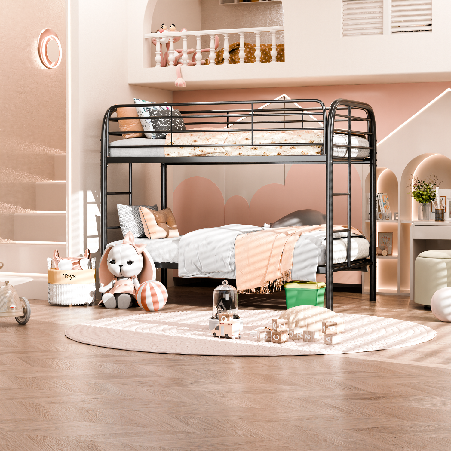 JAORD Metal Bunk Bed, Twin Over Twin Size Beds with Two Side Ladders & Safety Guard Rail, Space-Saving Design, Noise-Free, Black, Assembly Required