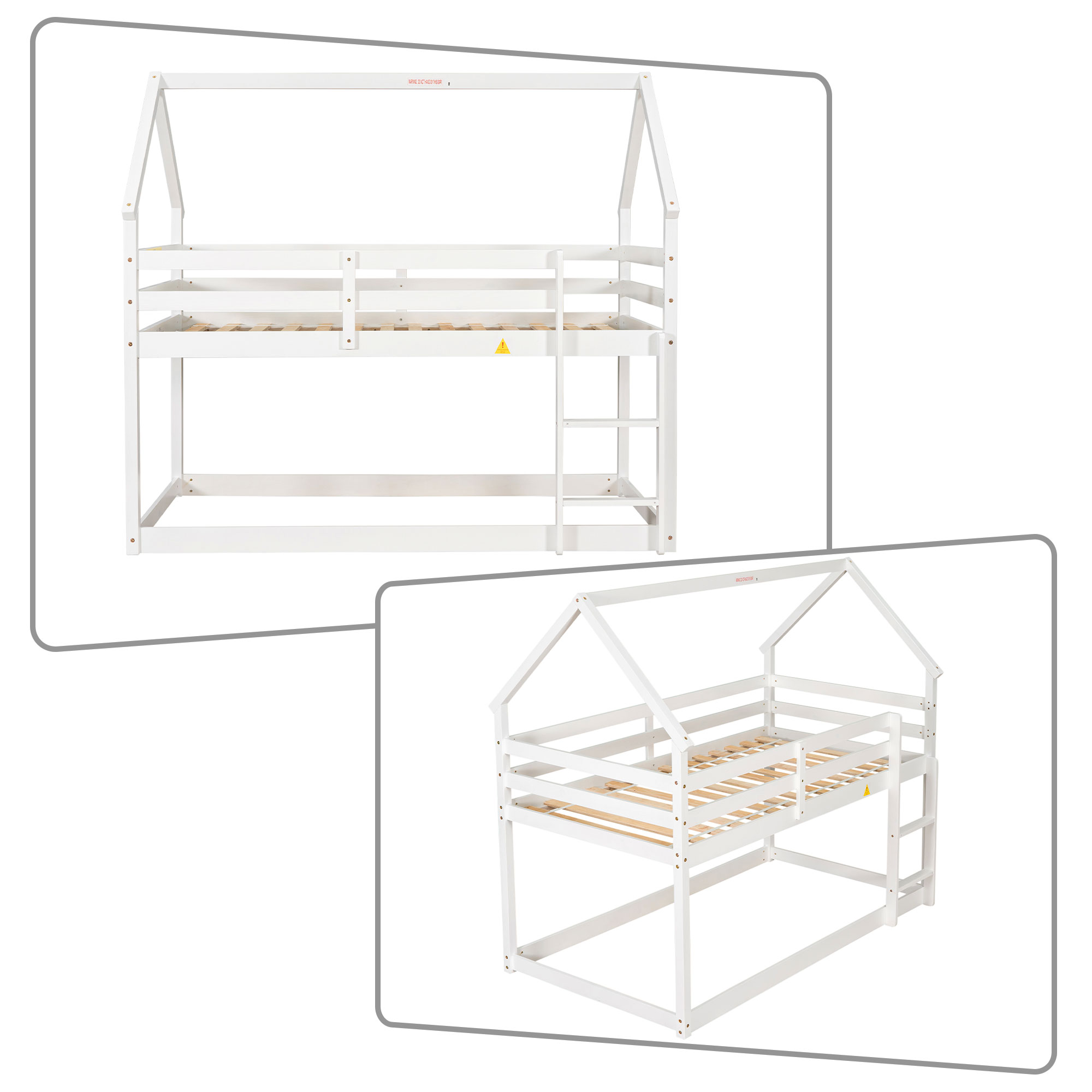 Classic Minimalist Style Twin Size Wooden Bunk Bed with Roof Design, Guardrail and Ladder, White