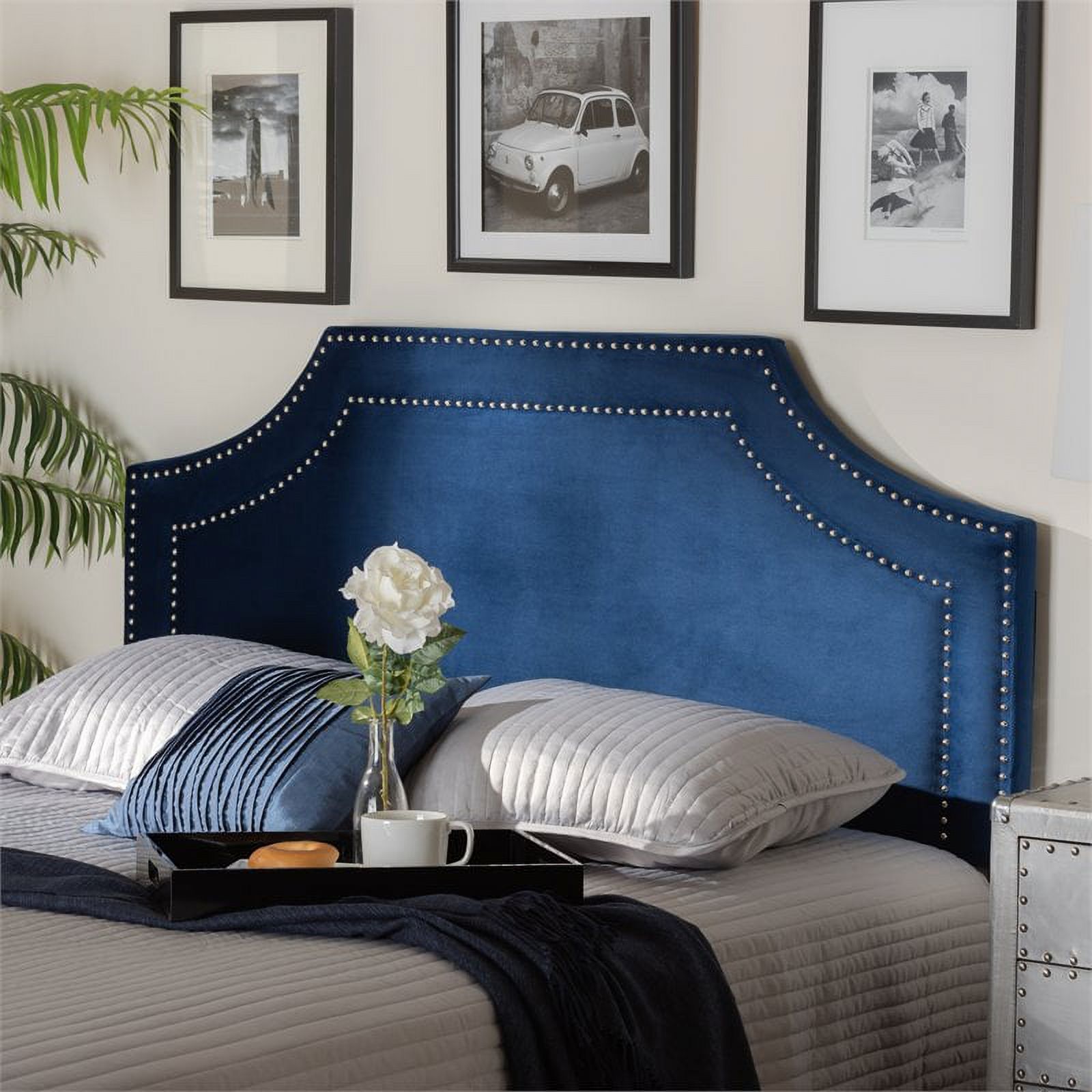 Bowery Hill Modern Velvet and Wood Queen Headboard in Navy Blue