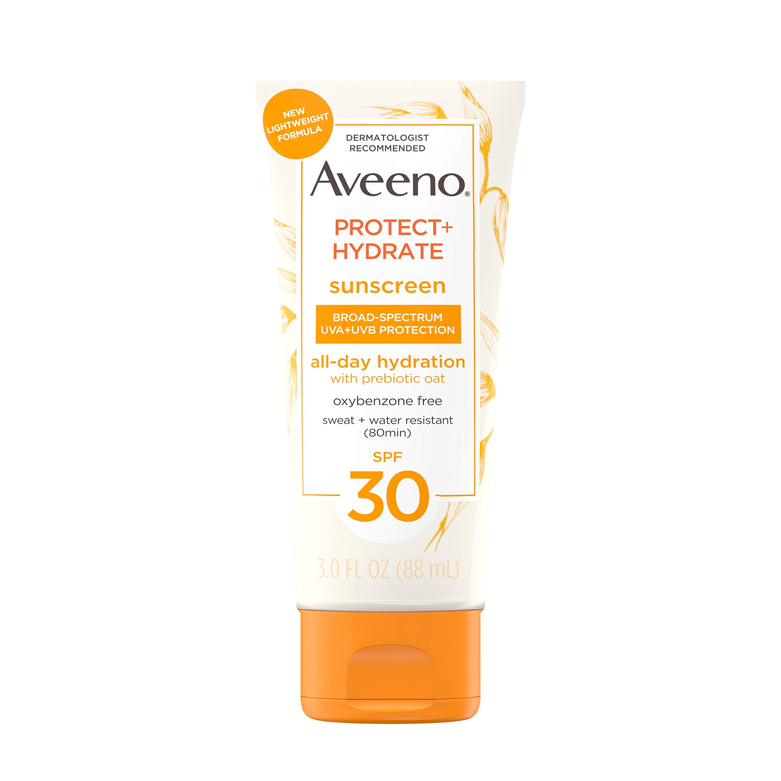 Aveeno Protect + Hydrate SPF 30 Body Sunscreen: Nourishing Prebiotic Oat Formula for Weightless, Refreshing Protection - Paraben-Free, Oil-Free, Oxybenzone-Free - 3.0 Ounces