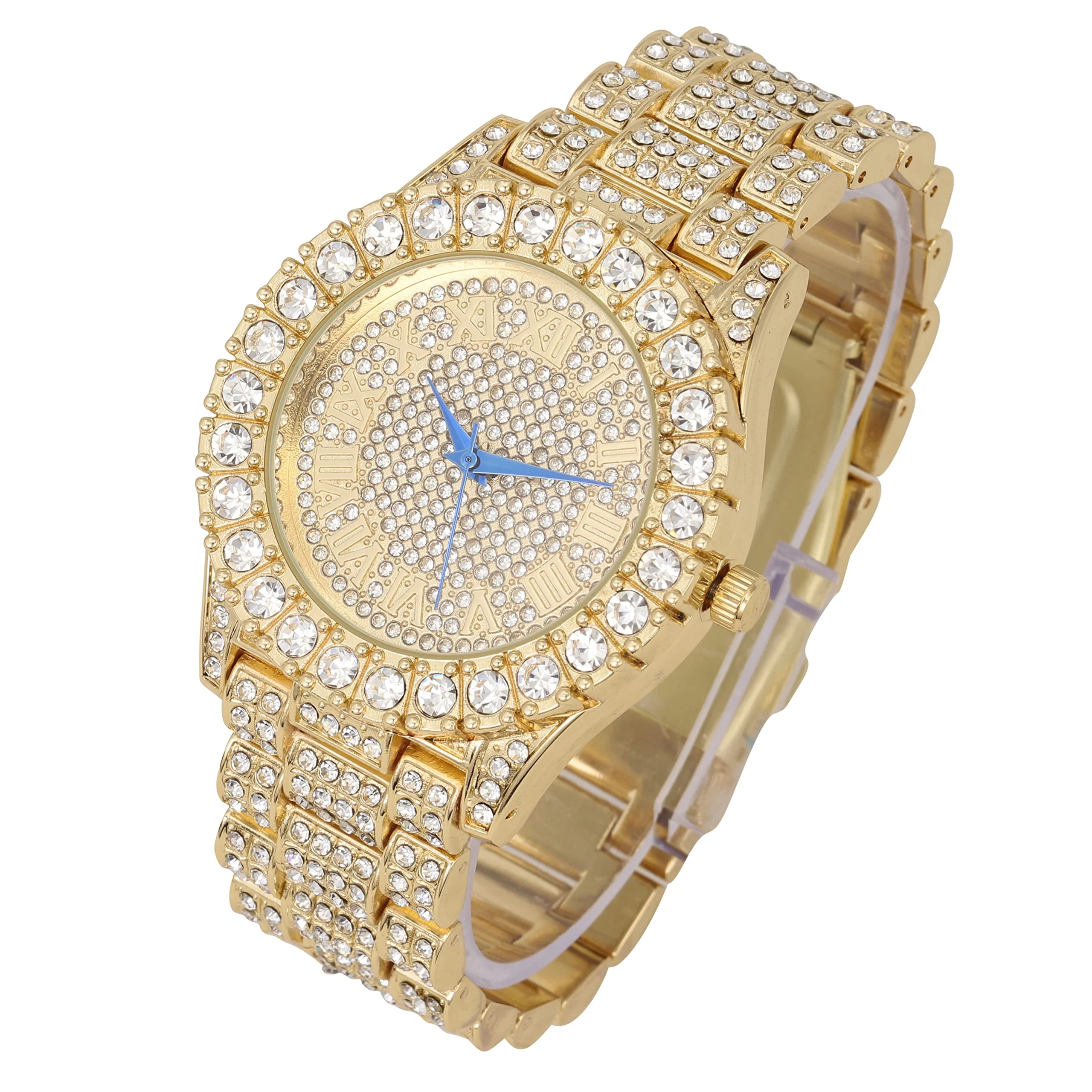 Charles Raymond Mens Big Rocks Bezel - Dial with Roman Numerals Fully Iced Out Watch w/Cuban Chain Bracelet & Ring - ST10327SET3PC (8,Gold)