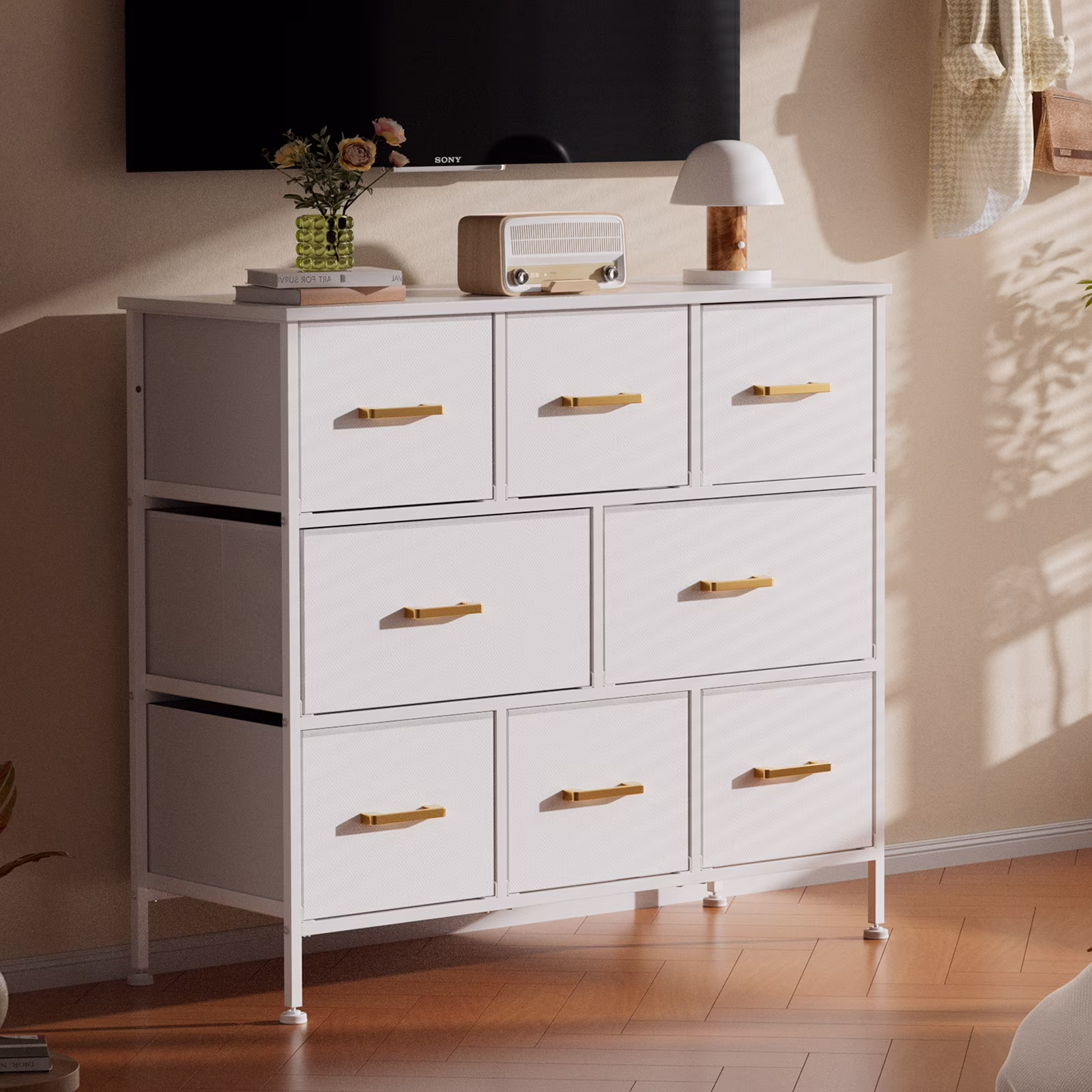 YILQQPER 8 Drawer Fabric Dresser Accent White Dresser Chest Storage Organizer for Bedroom with WoodBoard and Artificial Leather for Living Room, Hallway, Entryway, Closet, Nursery, Kids Bedroom