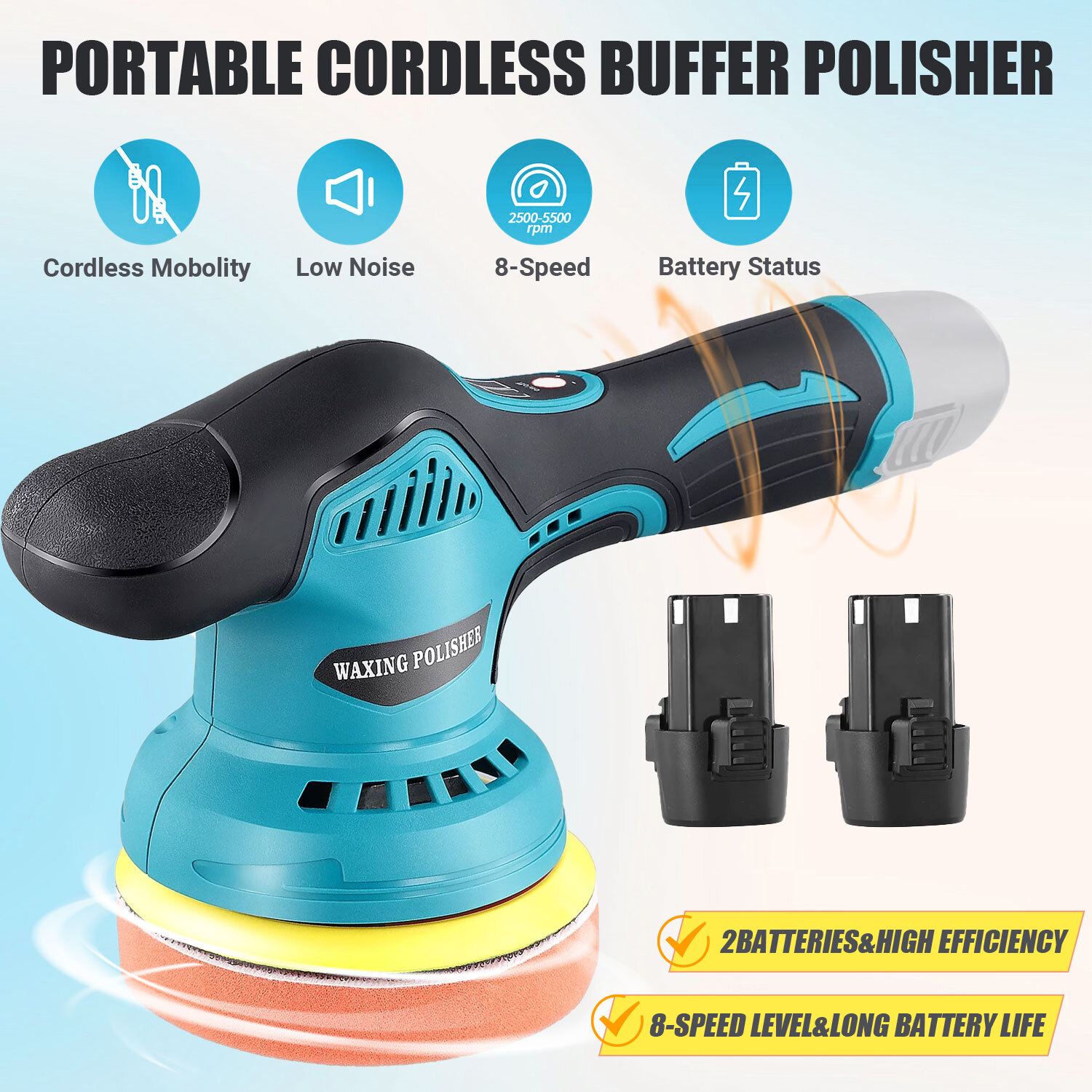 Hanru Cordless Car Buffer Polisher, Car Waxer with 2pcs 12V Lithium Rechargeable Battery, Polisher with Variable Speed, Portable Polisher Kit, Car Detailing Kit for Buffer/Polisher/sander