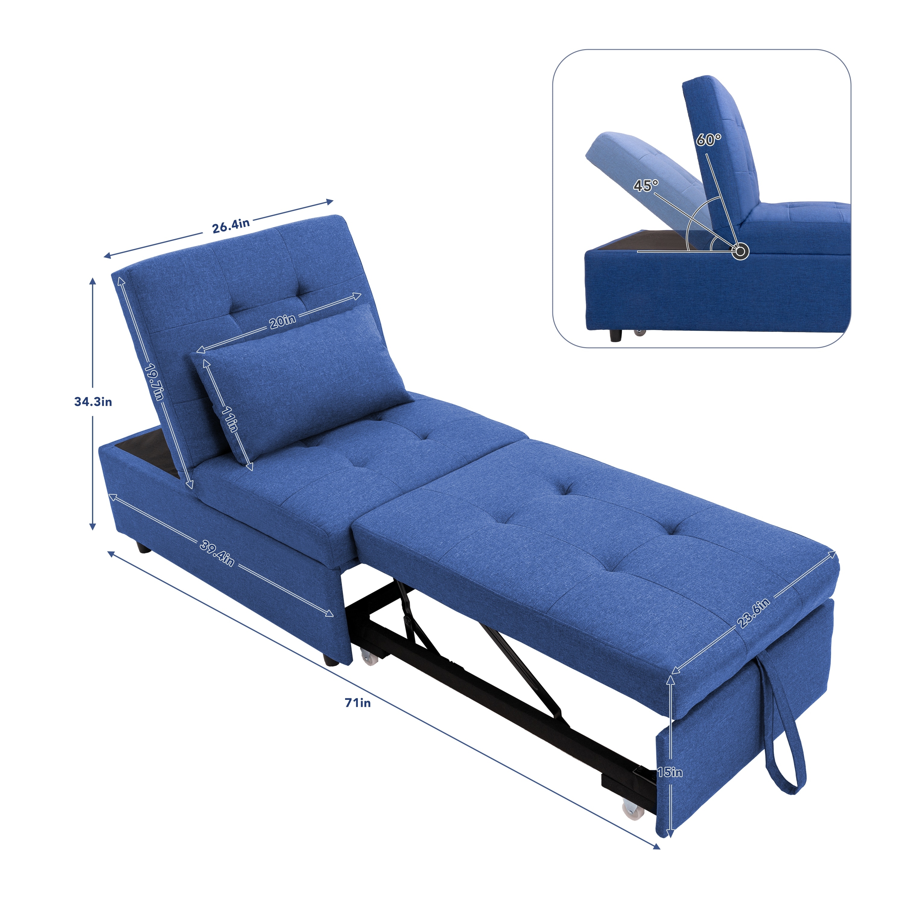 4-in-1 Convertible Lounge Chair Sofa Bed Folding Ottoman Navy