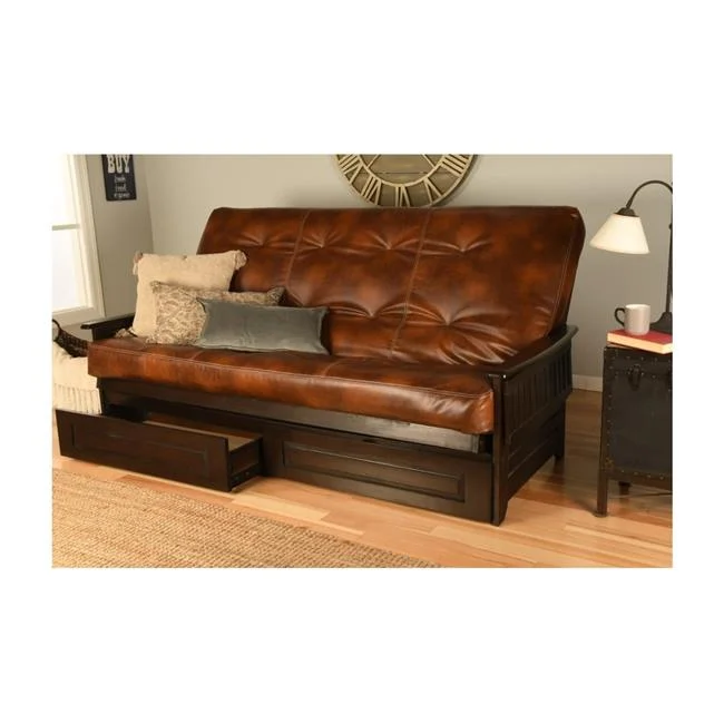 Kodiak  Phoenix Espresso Futon Frame with Oregon Trail Saddle Mattress & Storage Drawers - Queen Size