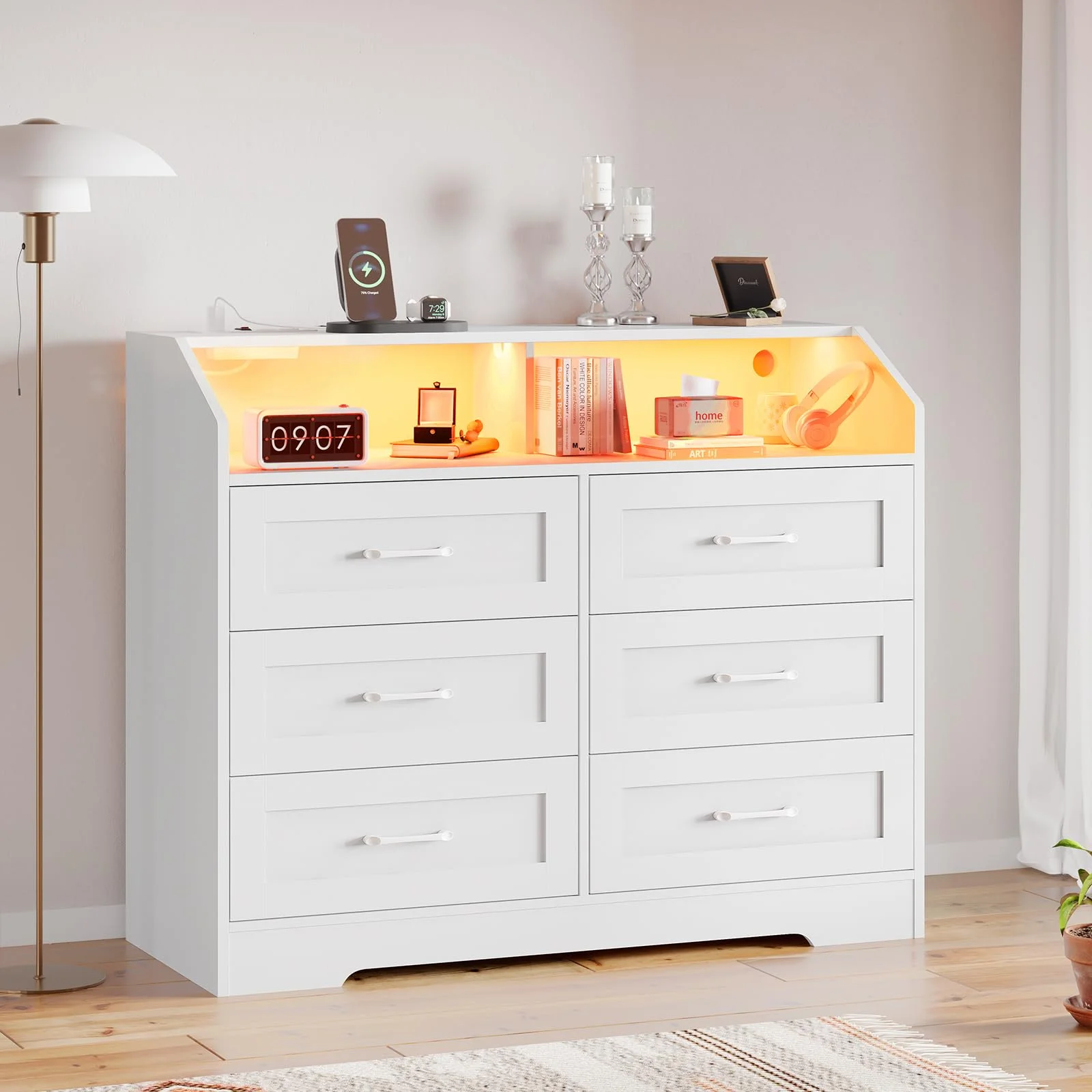 Dresser for Bedroom, 6 Drawer Dresser with LED Lights and Charging Station, White Finish