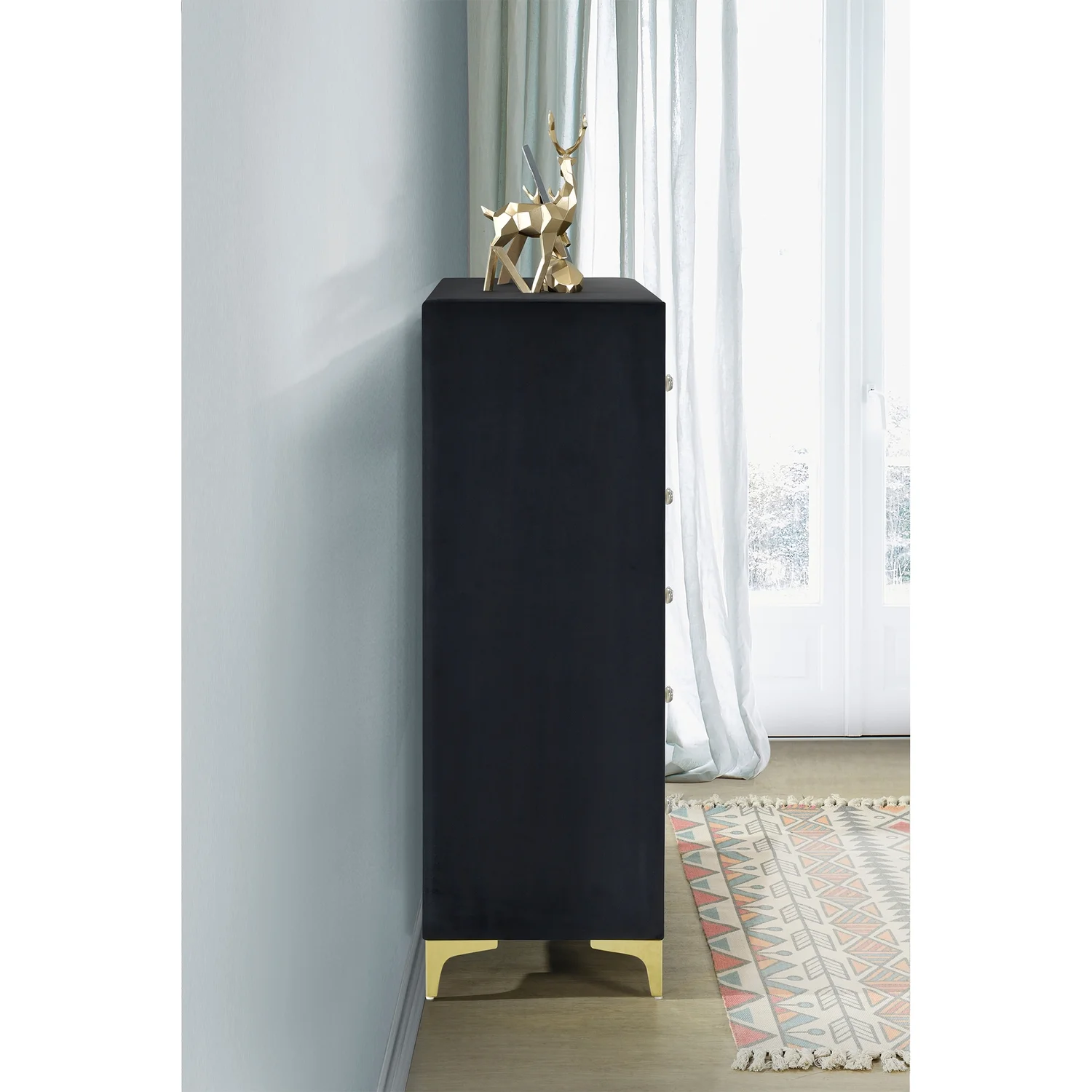 Better Home Products Monique Velvet Upholstered 5-Drawer Chest Dresser with Gold Legs and Gold Trim in Black - Fully Assembled