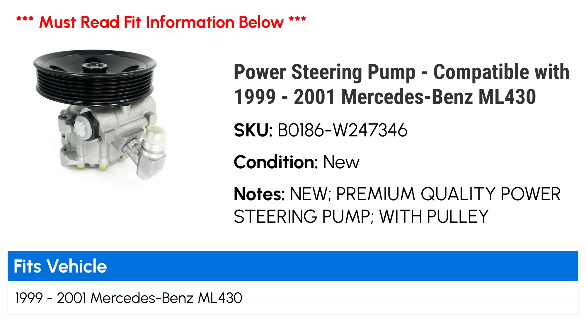 Power Steering Pump - Compatible with 1999 - 2001 Mercedes-Benz ML430 2000
