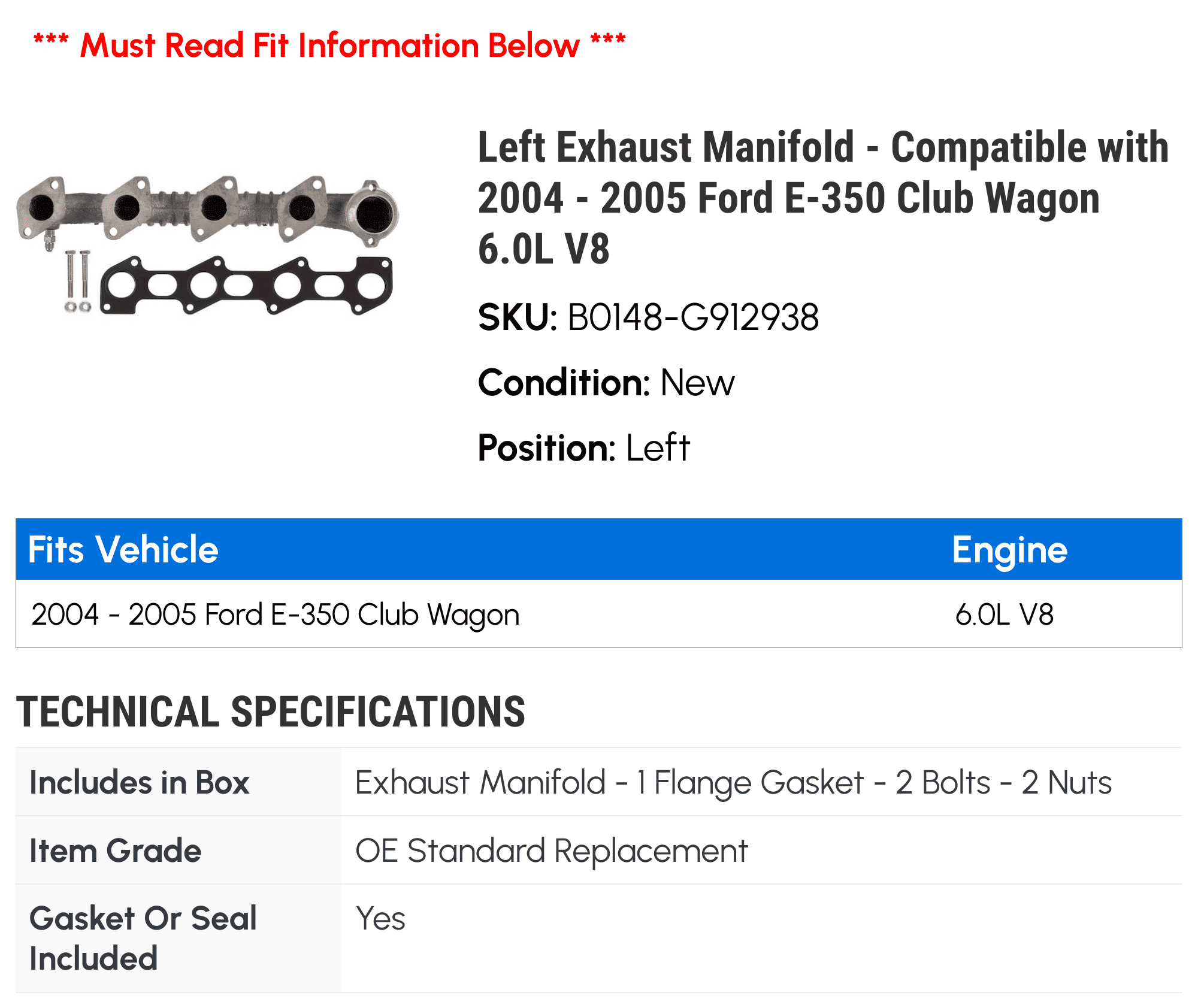 Left Exhaust Manifold - Compatible with 2004 - 2005 Ford E-350 Club Wagon 6.0L V8