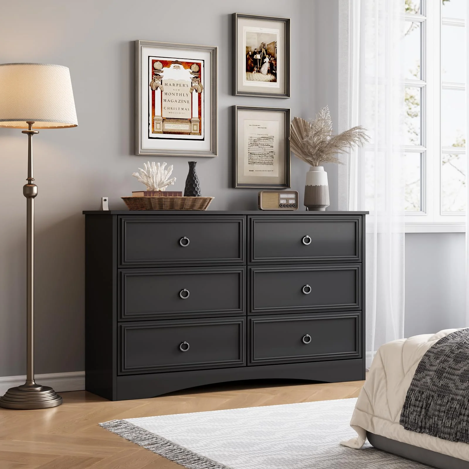 Black Dresser for Bedroom, Modern Farmhouse Wide 6 Drawer Dresser, Chest of Drawers for Living Room, Entryway and Hallway