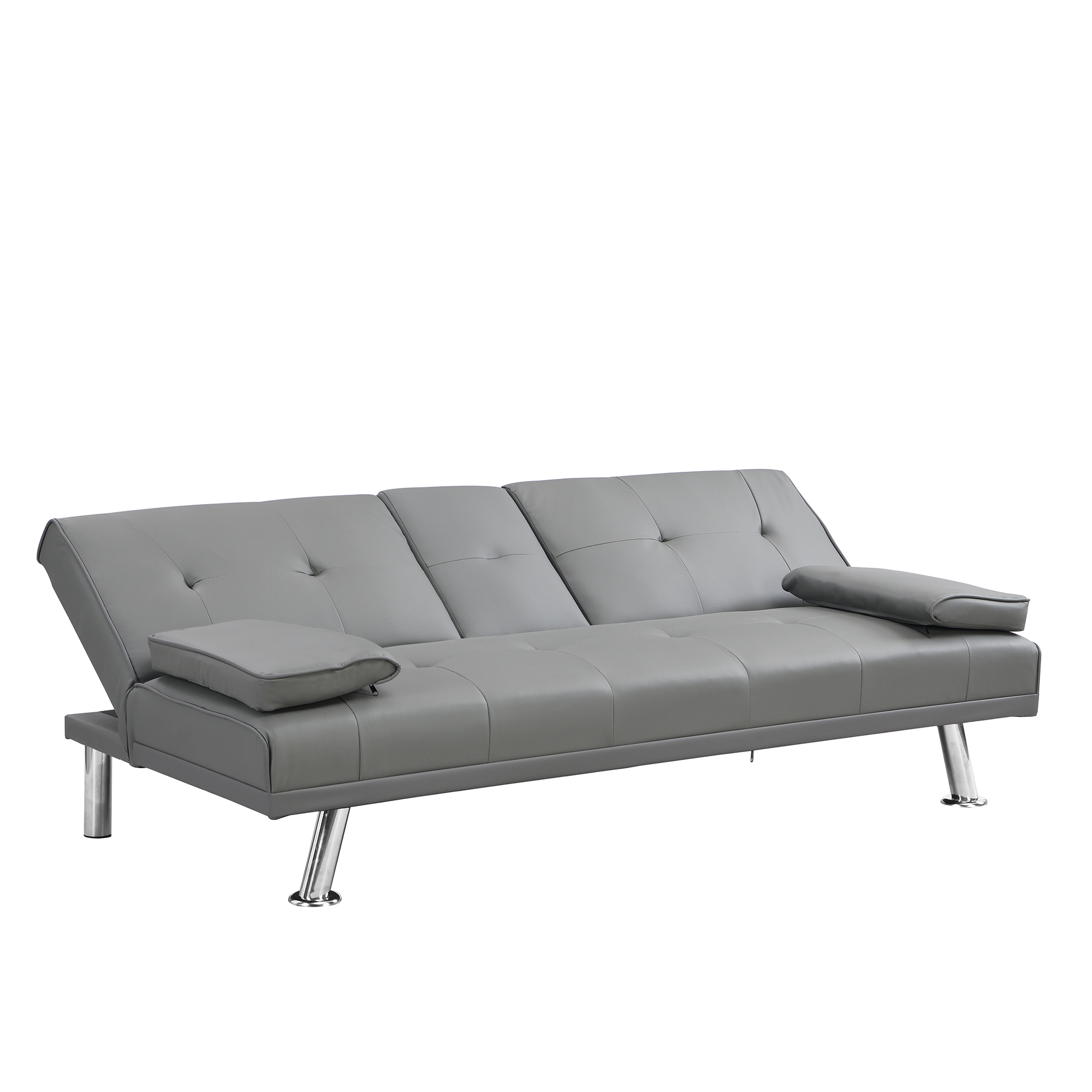 sofa bed with Armrest two holders WOOD FRAME, STAINLESS LEG, FUTON GREY PVC