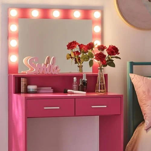 NLIBOOMLife Vanity Desk with Mirror and Lights  Dressing Table with Large Drawer  2 Level  Dresser & 3 Lighting Modes Adjustable Brightness  Suitable for Bedroom