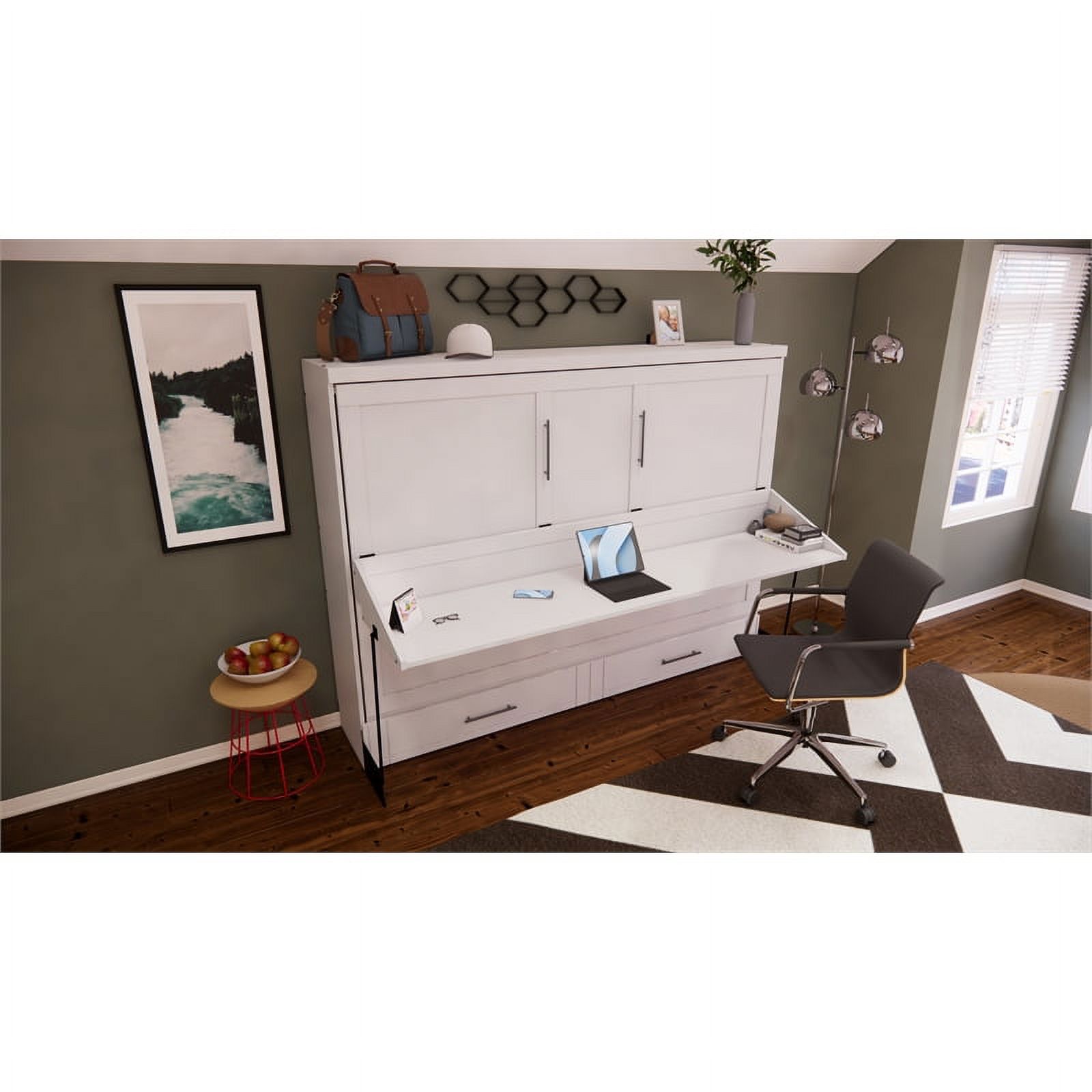 Pemberly Row Transitional Lateral Queen Solid Wood Murphy Wall Desk Bed in White