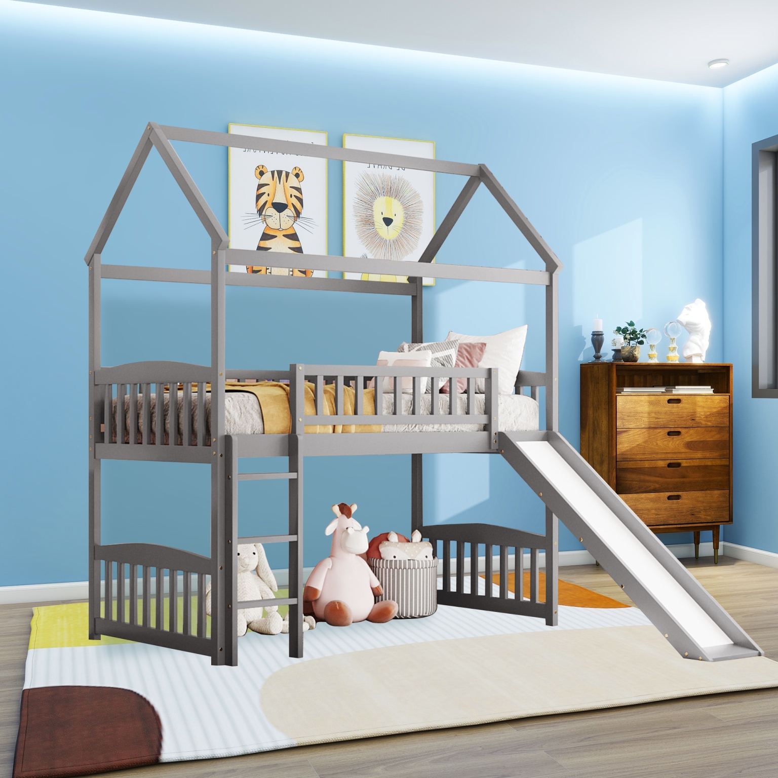 Twin Loft Bed with Desk and Shelves, Wood Loft Bed Frame with Storage Drawers, for Kids Teens Adults - Gray