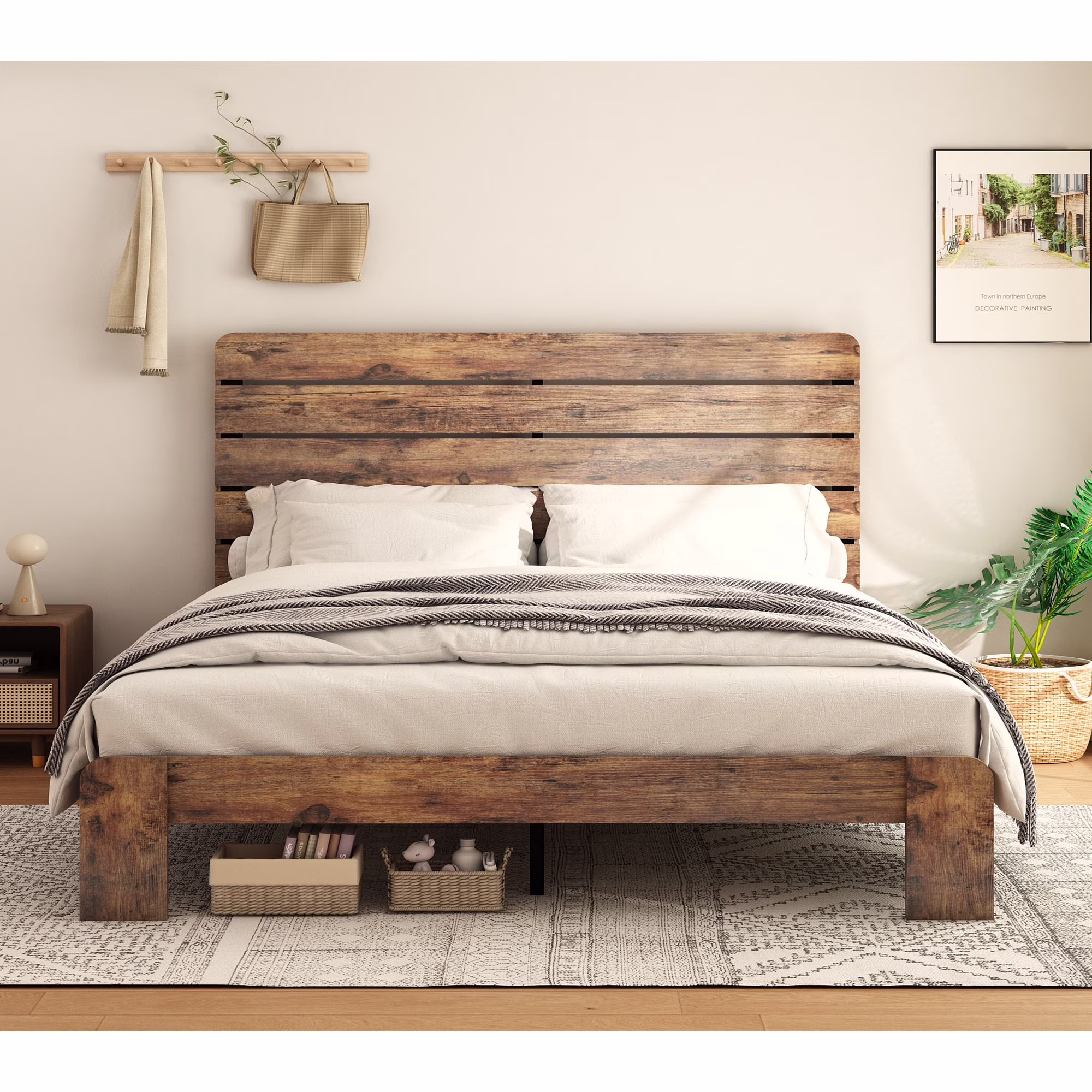 CASEMIOL Queen Wood Bed Frame, with Headboard and Footboard, Under Bed Storage, Wood Slat Support, No Box Spring Needed, Easy Assembly, Mid Century Modern Bed Frame - Dark Brown