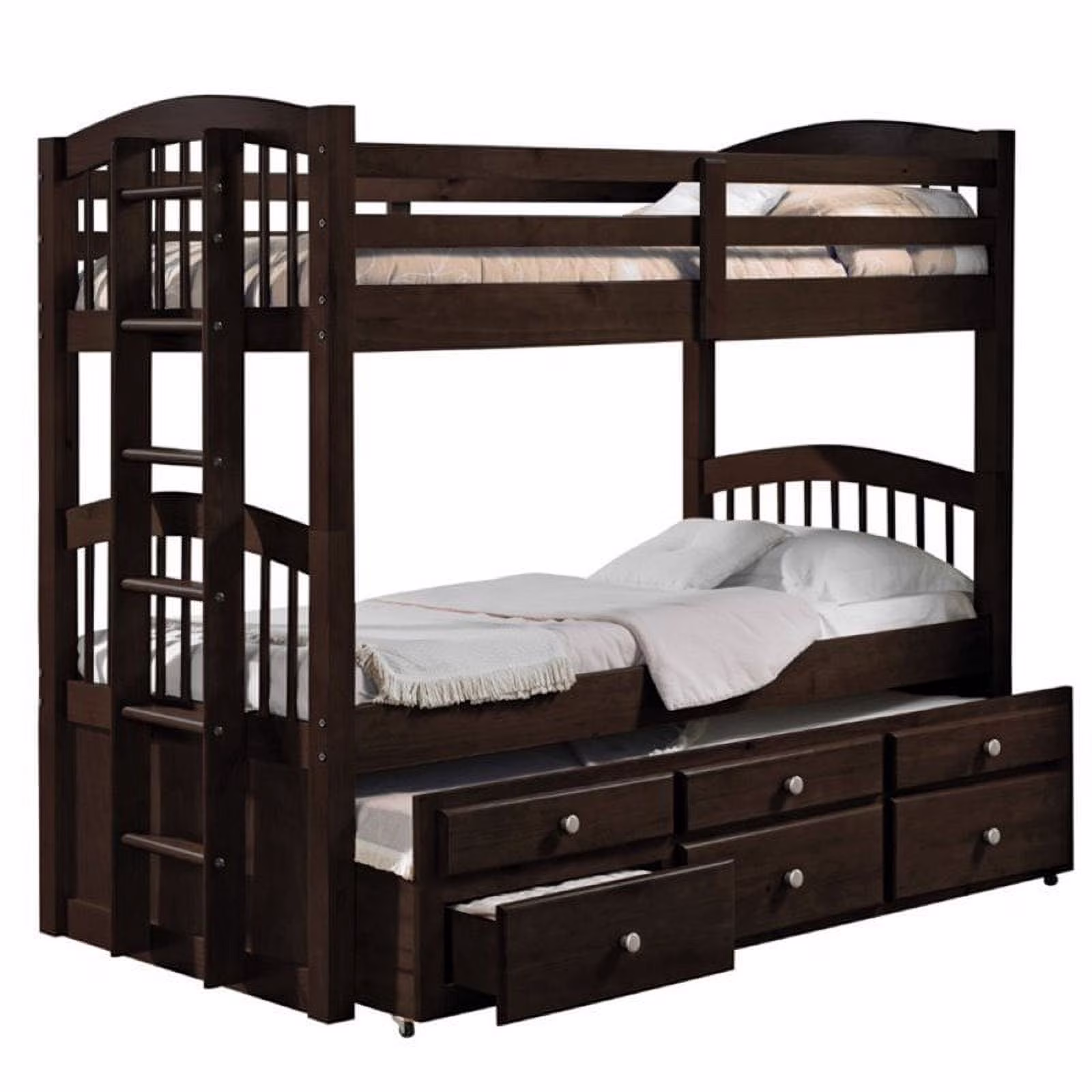 Pemberly Row Twin Over Twin Storage Bunk Bed with Trundle in Espresso