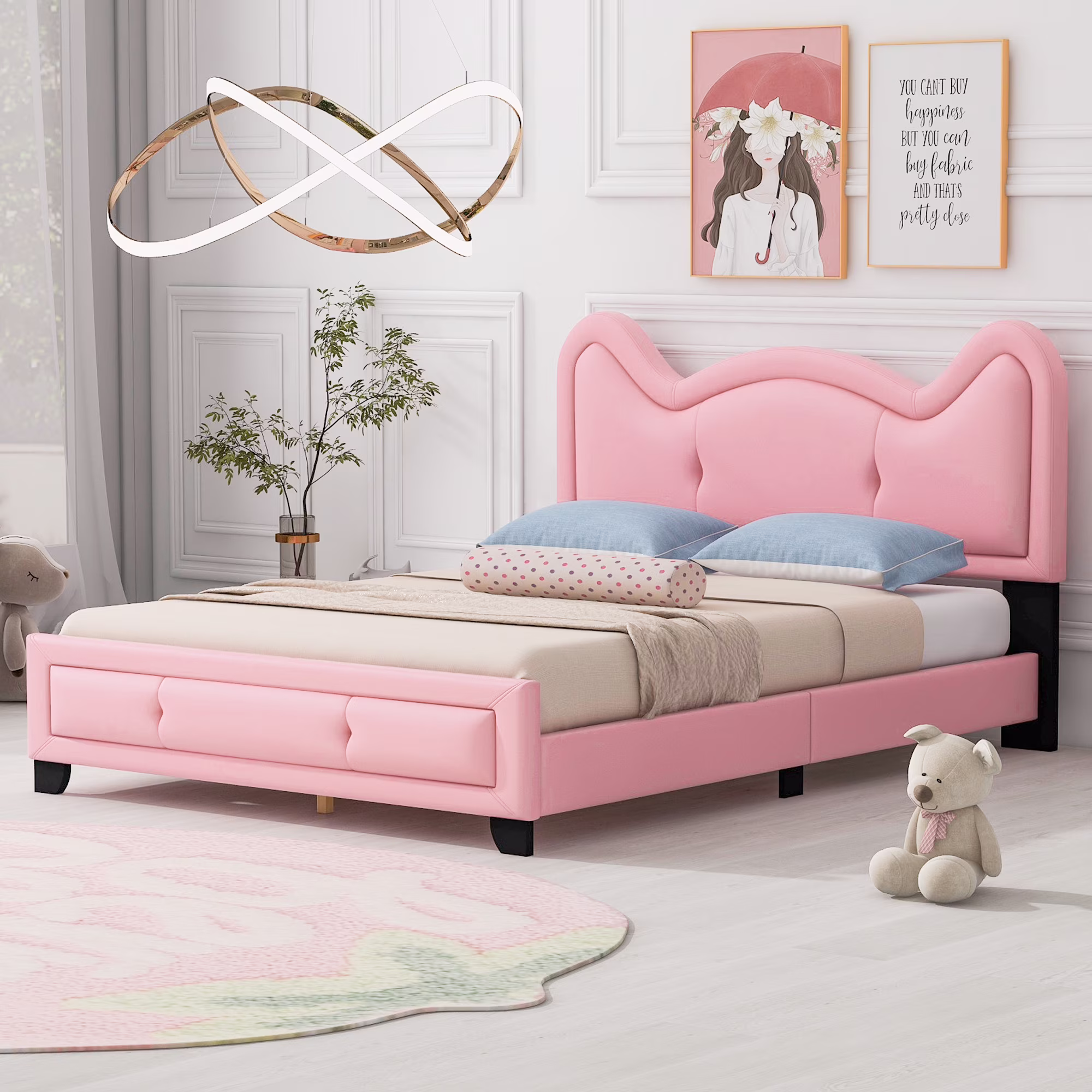 Euroco Upholstered Carton Ears Shaped Full Size Platform Bed with Headboard for Kids, Pink