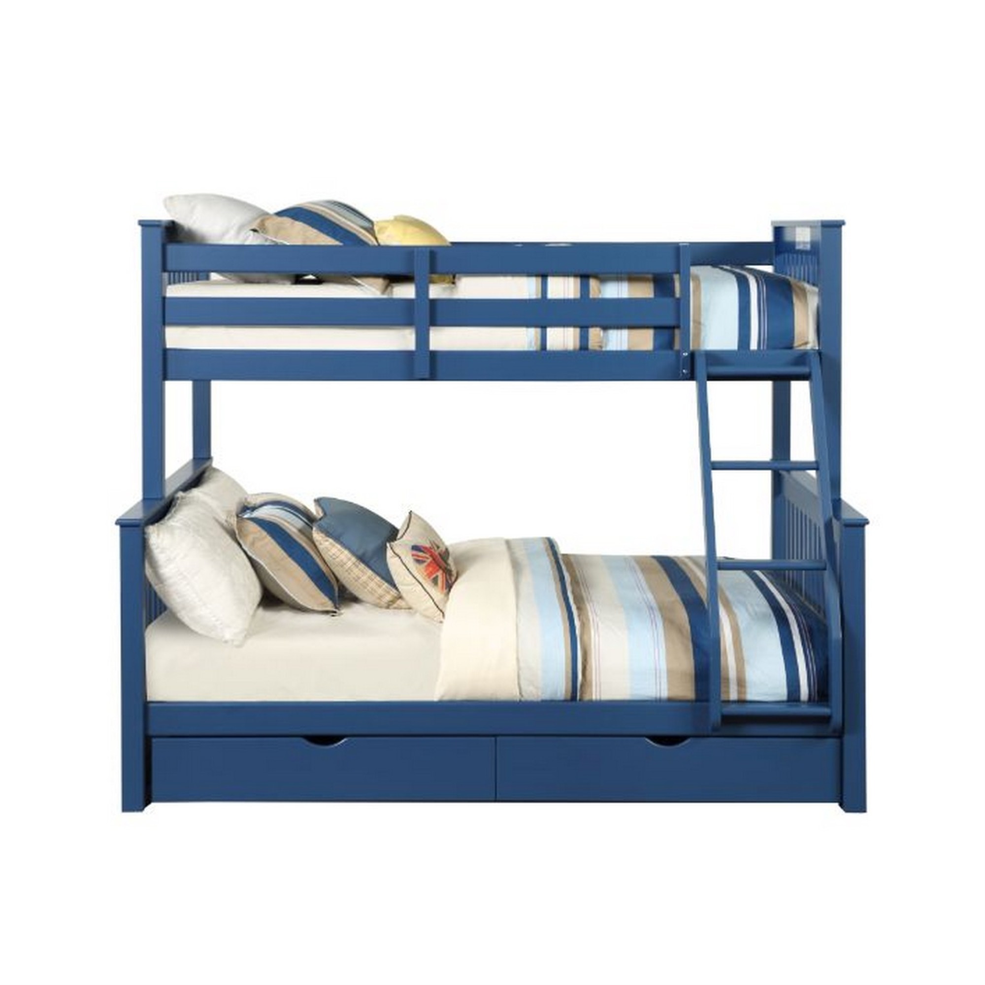 Benjara Twin Over Full Bunk Bed with 2 Drawers and Ladder, Blue