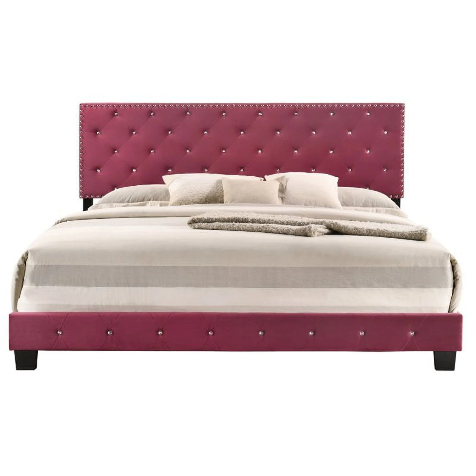 Maklaine Transitional Upholstered Velvet King Bed in Cherry Finish
