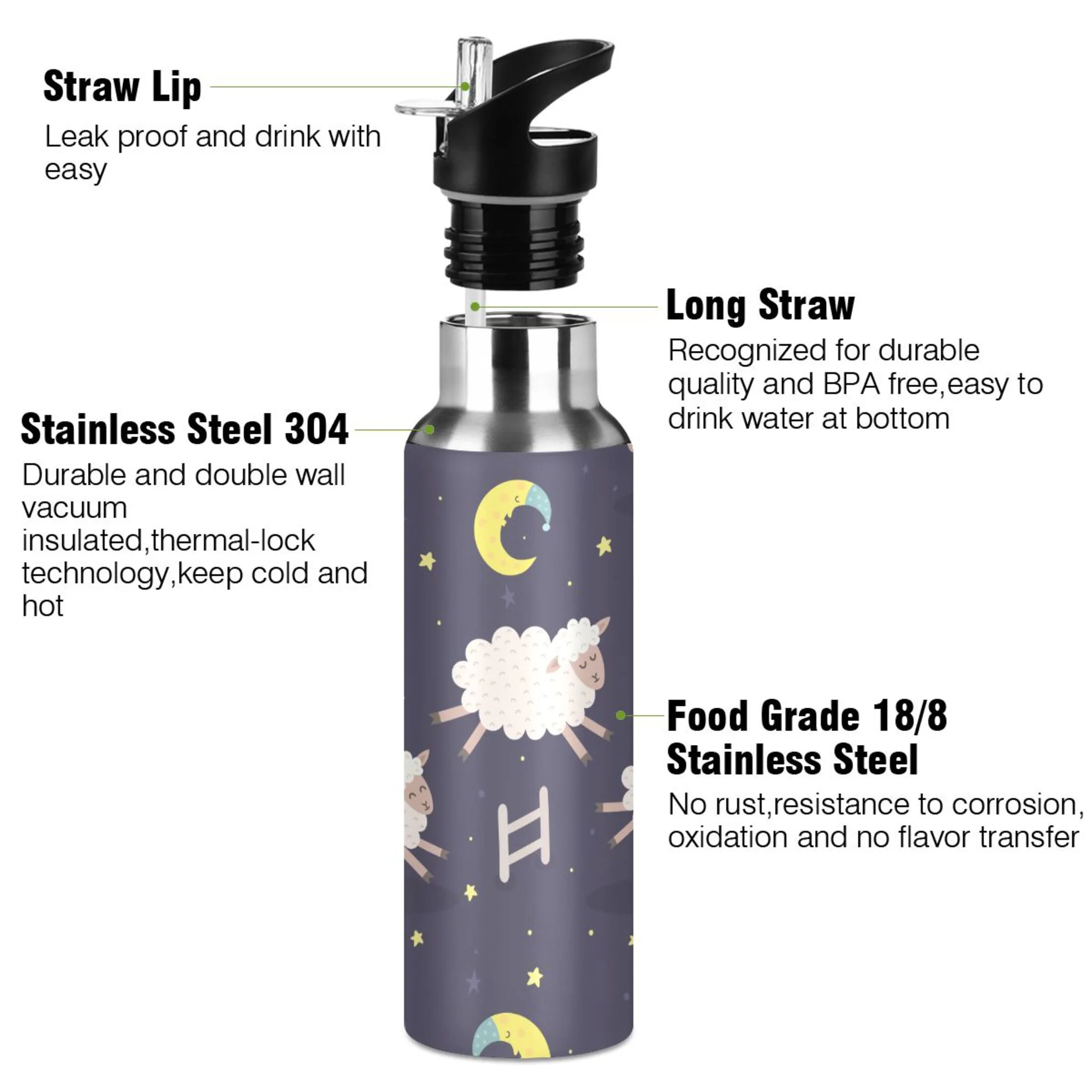 Stainless Steel Water Bottle Good Night Sheep Moon with Straw Lid Vacuum Insulated Leak Proof Flask Jug for Gym Travel Sports Cycling Outdoor 20 OZ