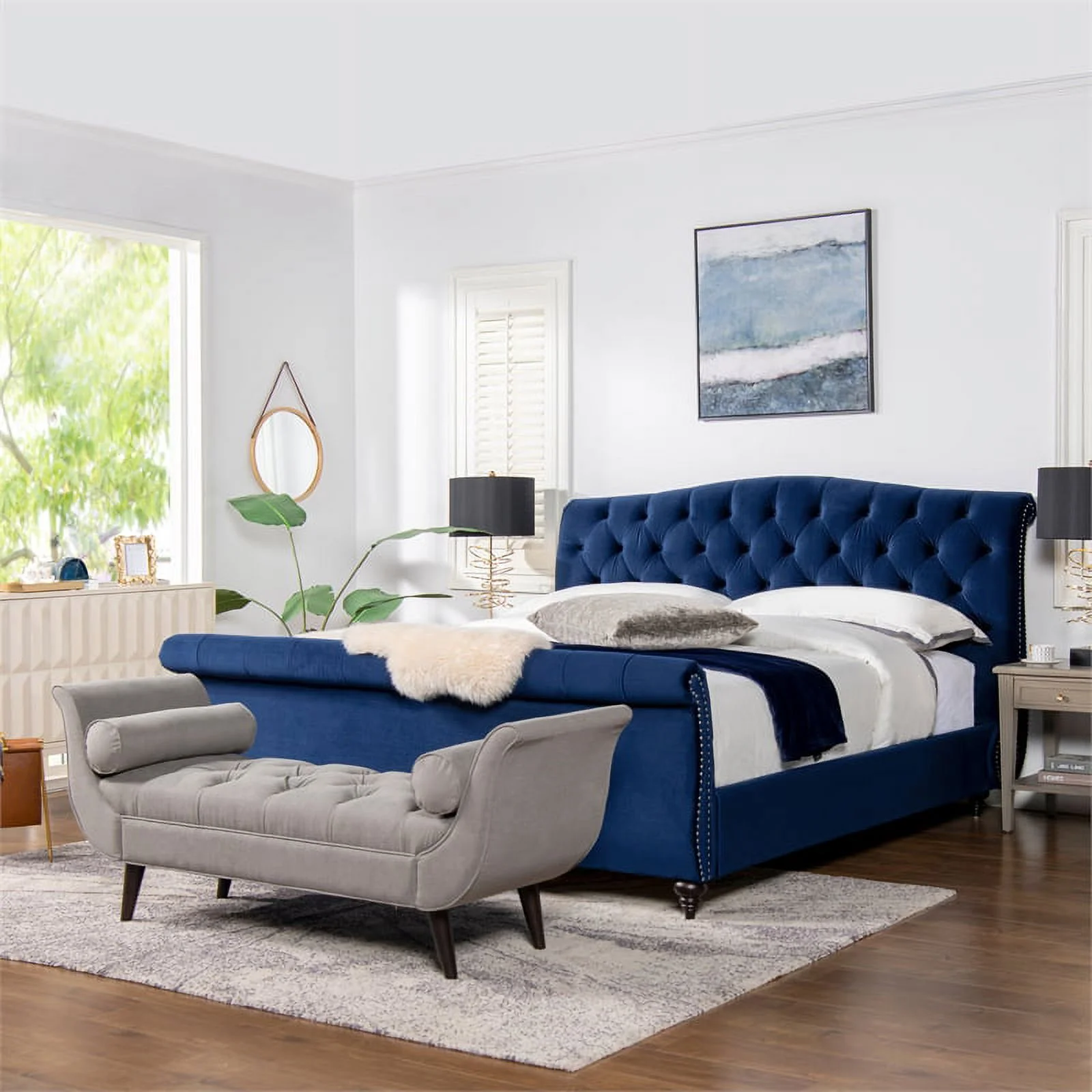 Maklaine King Bed Frame with Headboard & Footboard Navy Blue Velvet