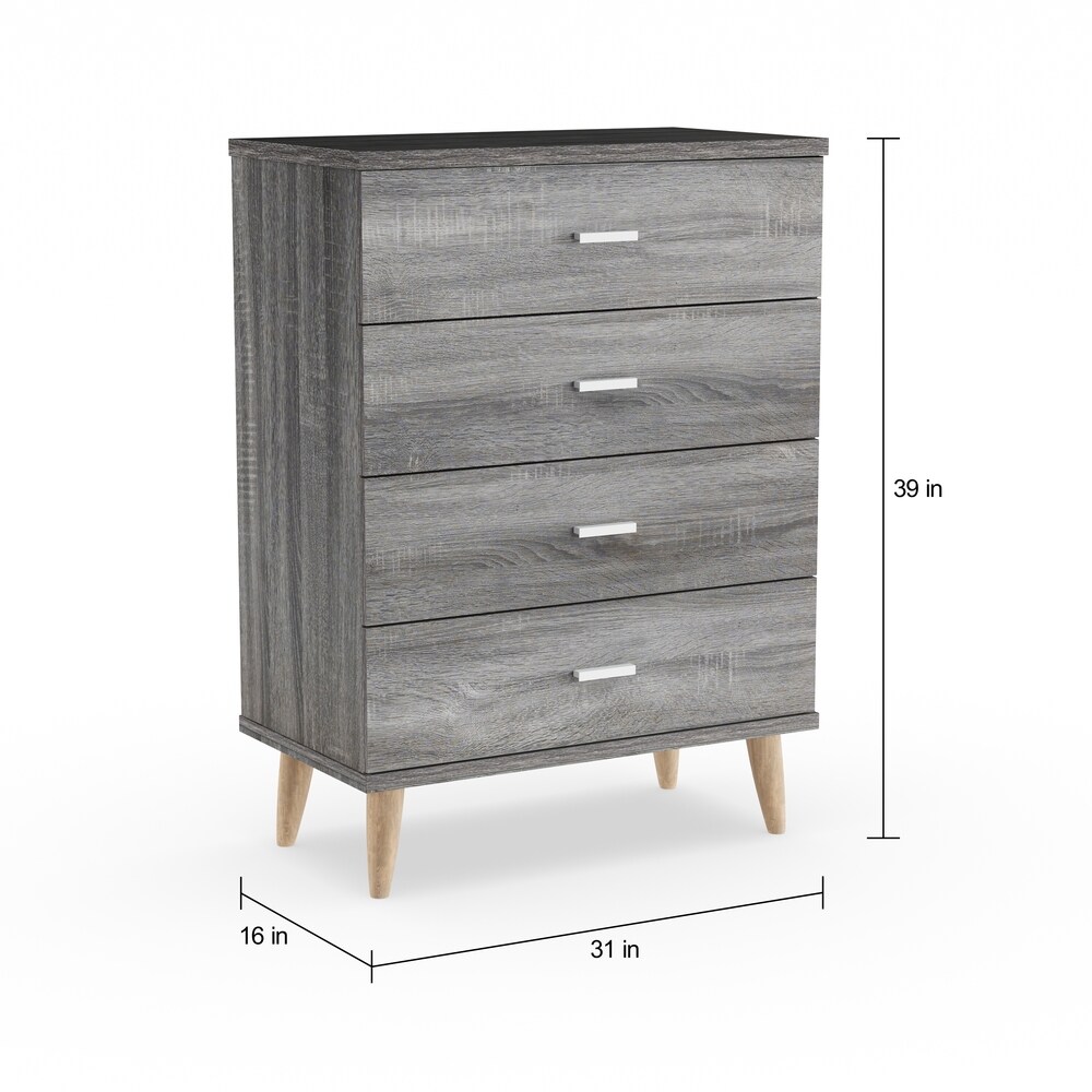 Denhour DH BASIC Mid-Century Modern Distressed Grey 4-Drawer Chest with Bar Pulls by