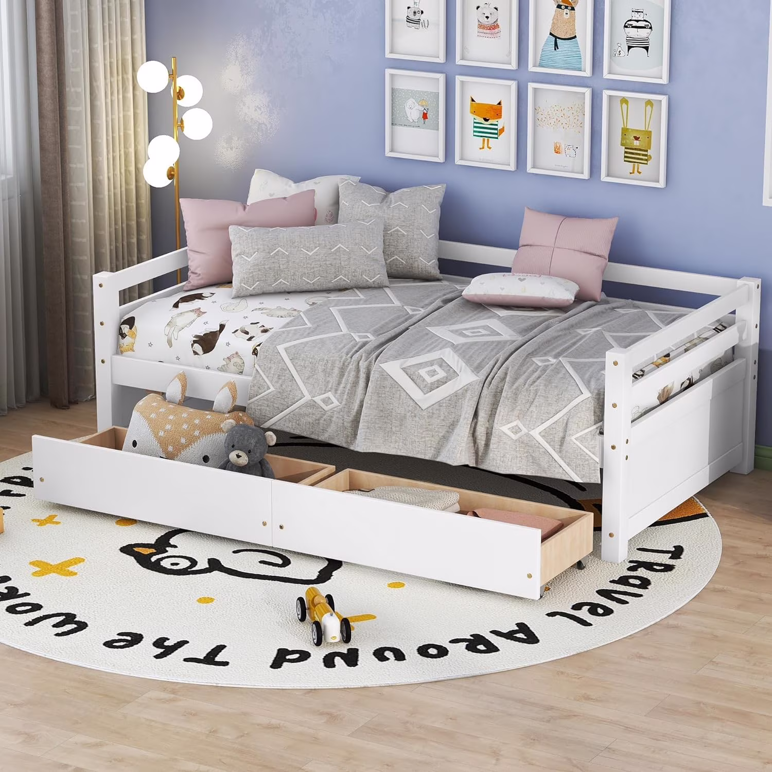 Daybed With 2 Storage Drawers, Woode Size Daybed Frame, Dual-Use Daybed Sofa Kids Bed For Livig Room,Guest Room,Childre Room, o Box Sprig eeded, White