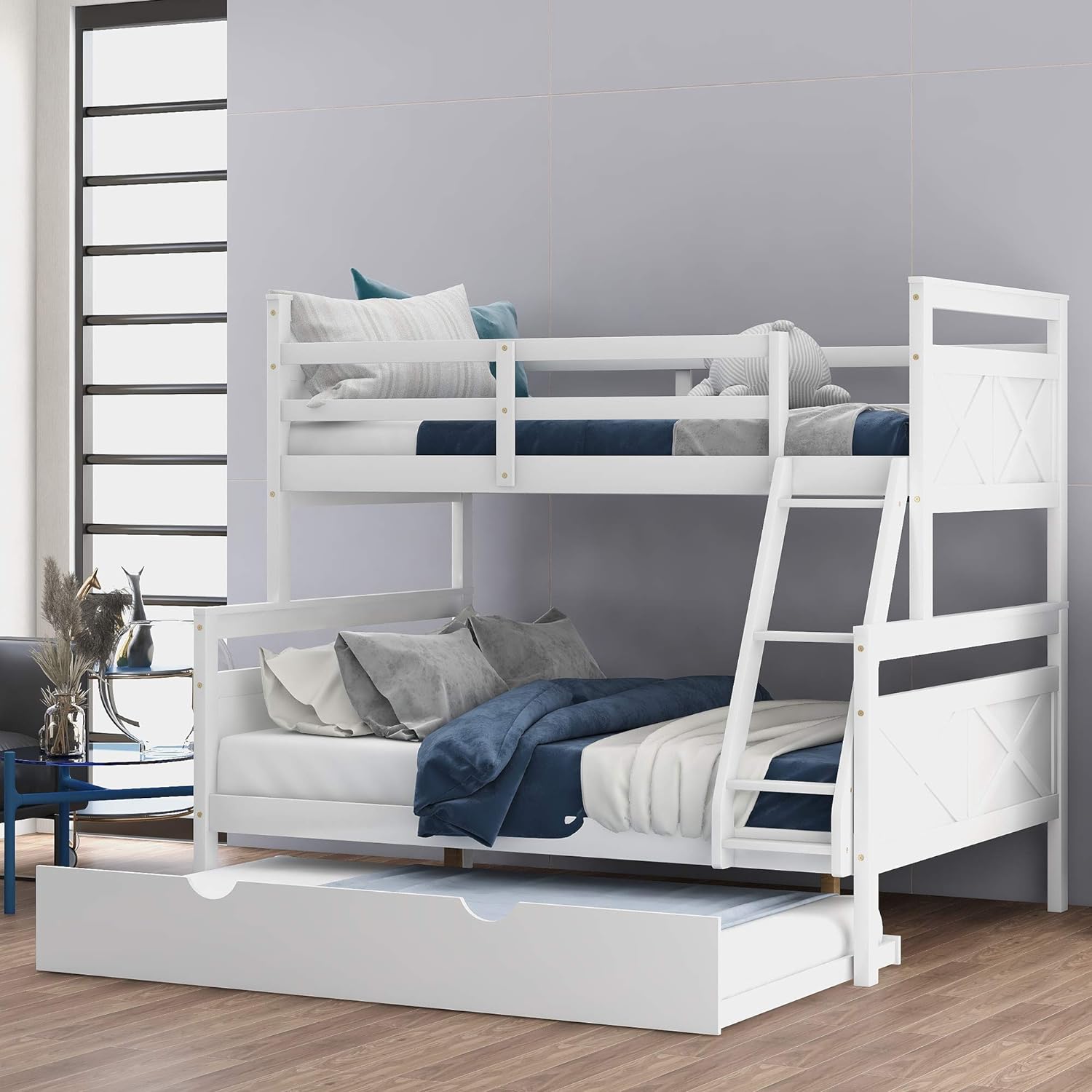 Wooden Bunk Bed With Size Trundle, Ladder And Safety Guardrail, Convertible Into 2 Separated Beds, White