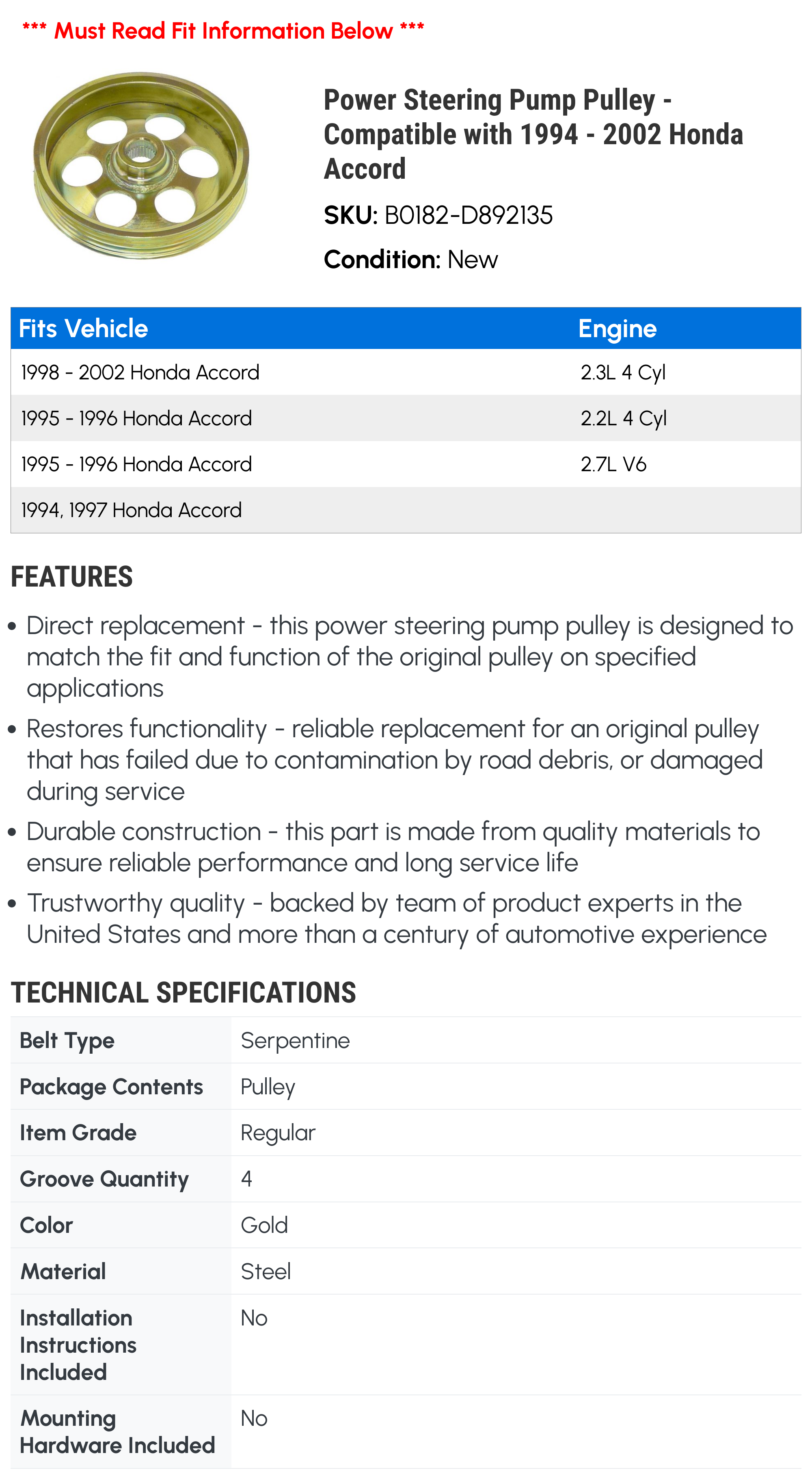 Power Steering Pump Pulley - Compatible with 1994 - 2002 Honda Accord 1995 1996 1997 1998 1999 2000 2001