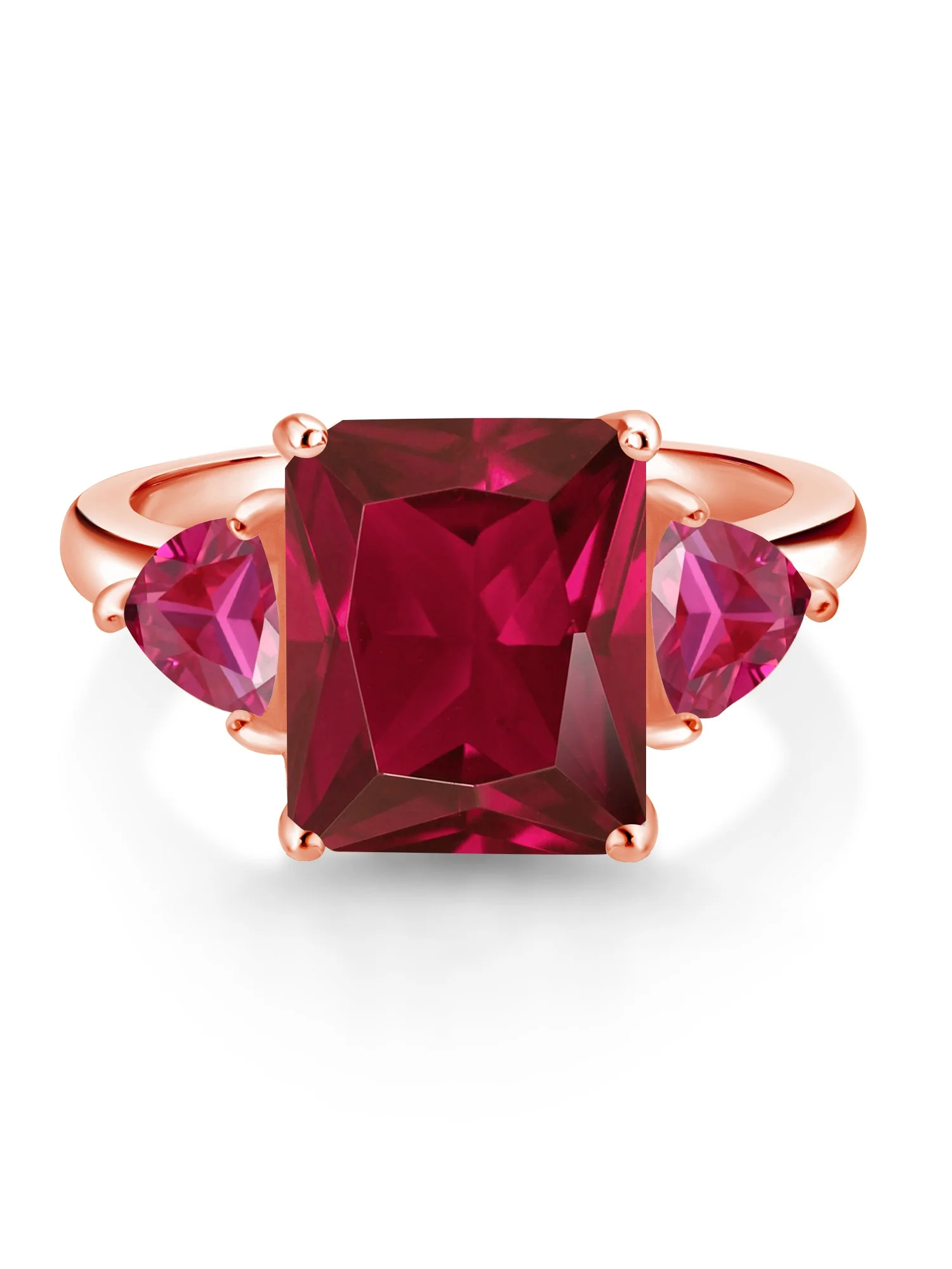 Gem Stone King 18K Rose Gold Plated Silver Red Created Ruby 3 Stone Ring For Women (6.56 Cttw, Octagon 12X10MM, Trillion 5X5MM, Gemstone July Birthstone, Size 7)