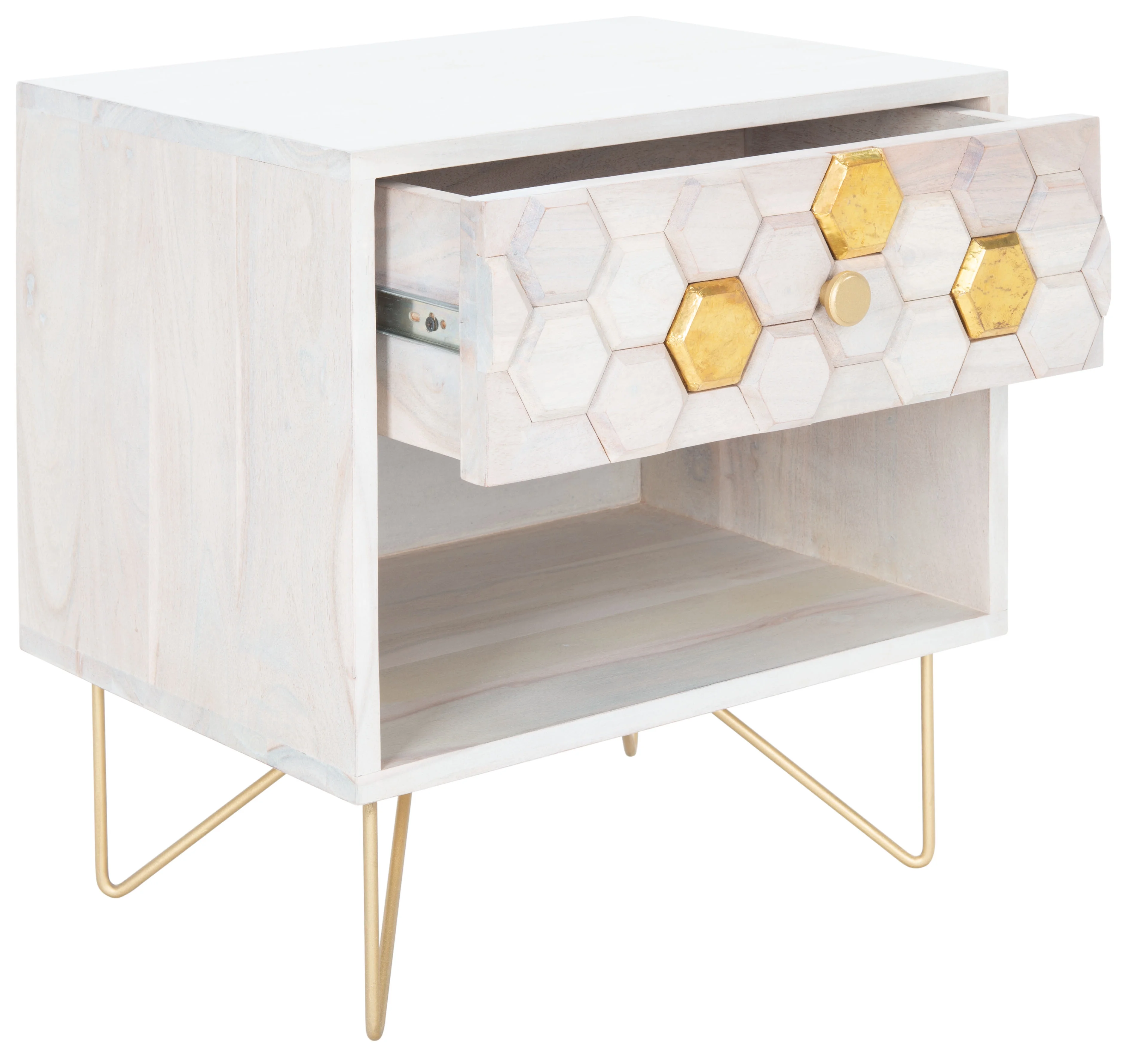 SAFAVIEH Raveena Nightstand, White Wash/White Wash/Brass