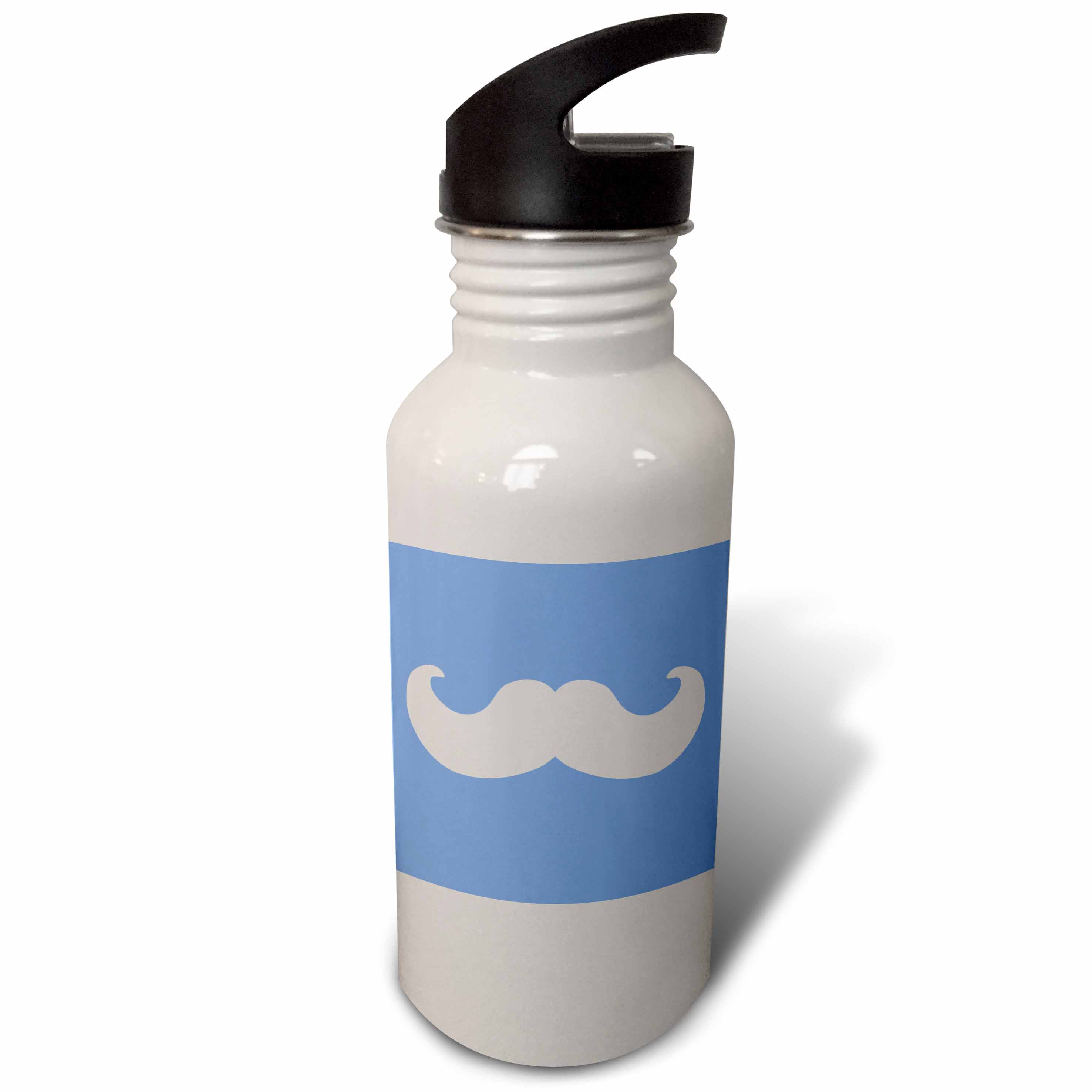 3dRose White mustache on blue - Ironic hipster moustache - Humorous - Fun - Whimsical - Silly - Funny, Sports Water Bottle, 21oz