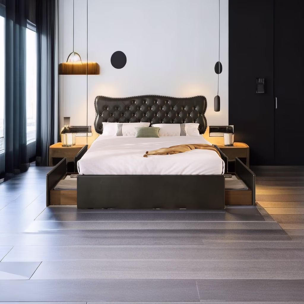 Modern Upholstered Platform Bed, Queen Size Bed Frame with 4 Storage Drawers, Leather Upholstered Platform Heavy Duty Bed with Wood Slat Support, No Box Spring Needed