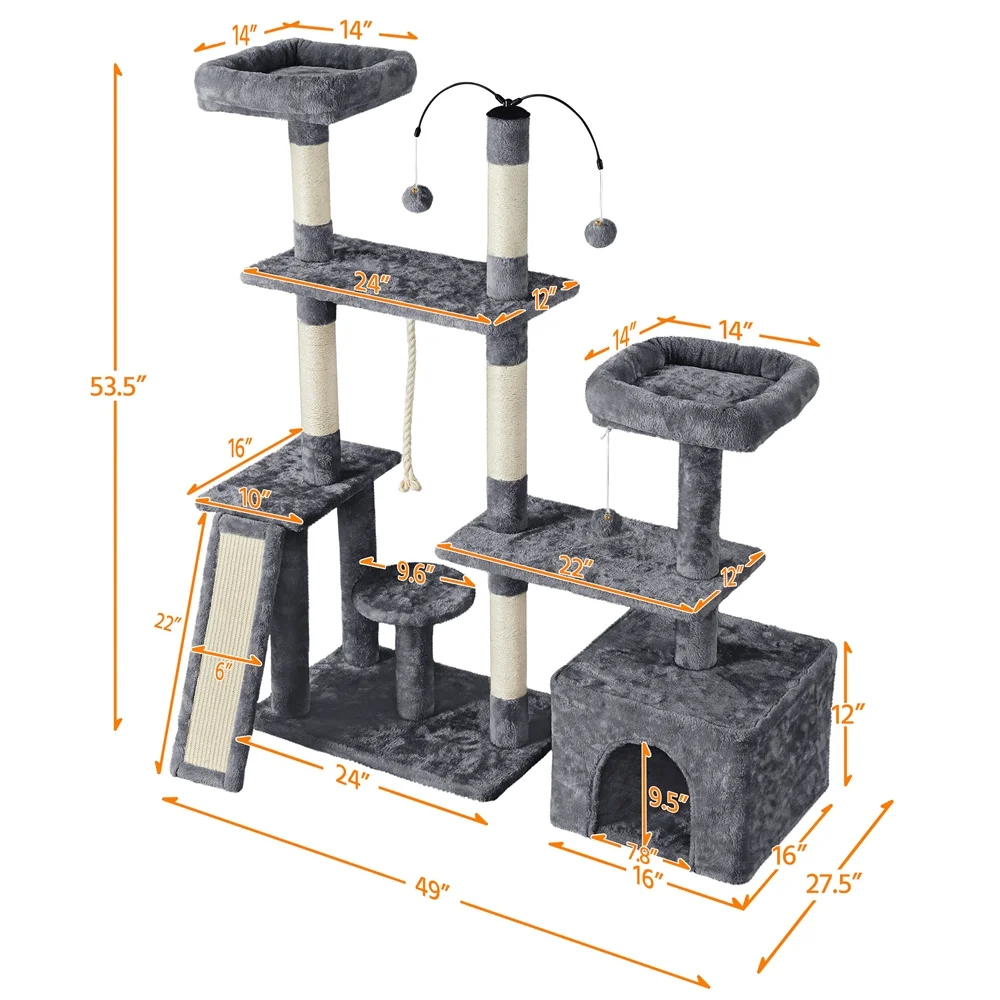 Yaheetech Multilevel Plush Cat Tree Cat Tower with Sisal Scratching Posts Perches Condos, Dark Gray