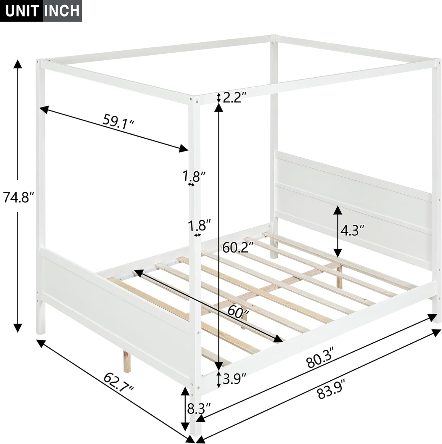 Queen Size Canopy Bed Frame, Wooden Queen Platform Bed with Headboard, Slat Support and Footboard, No Box Spring Needed