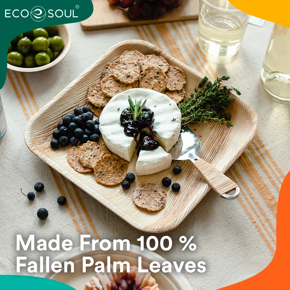ECO SOUL 10 Inch Square Palm Leaf Plates, 20 Count