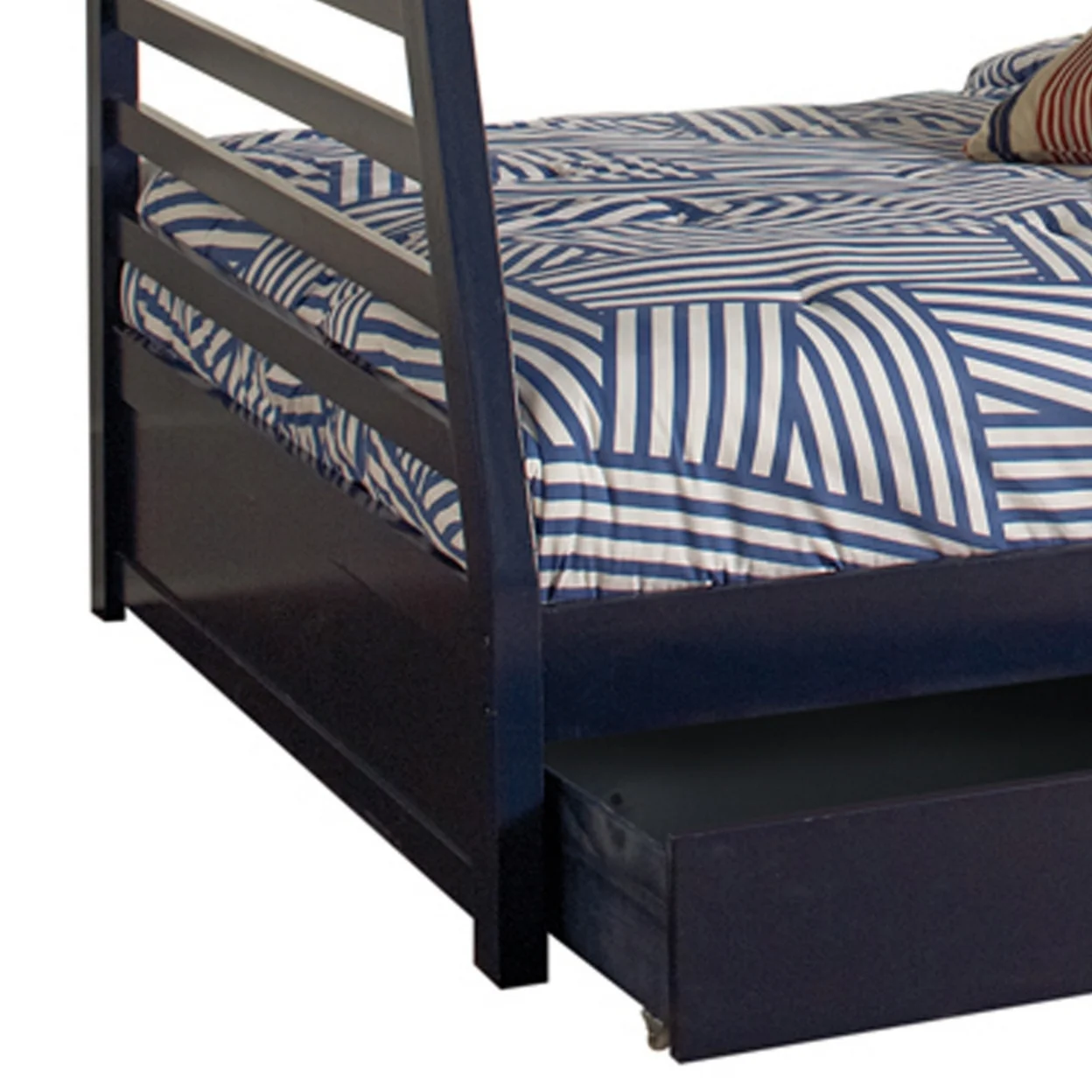 Wooden Twin Over Full Bunk Bed with Wheel Supported Bottom Drawers Blue- Saltoro Sherpi