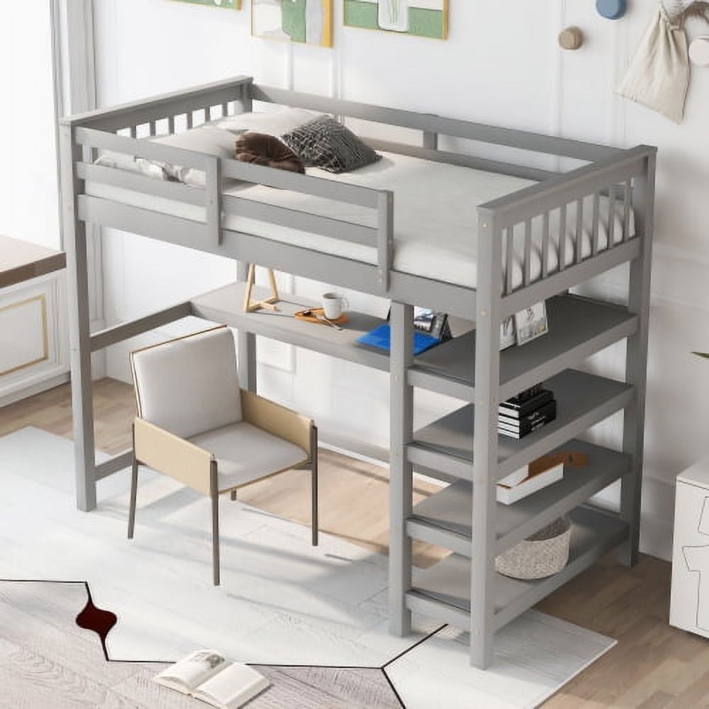 Twin Size Loft Bed with Storage Shelves and Under-bed Desk, Gray